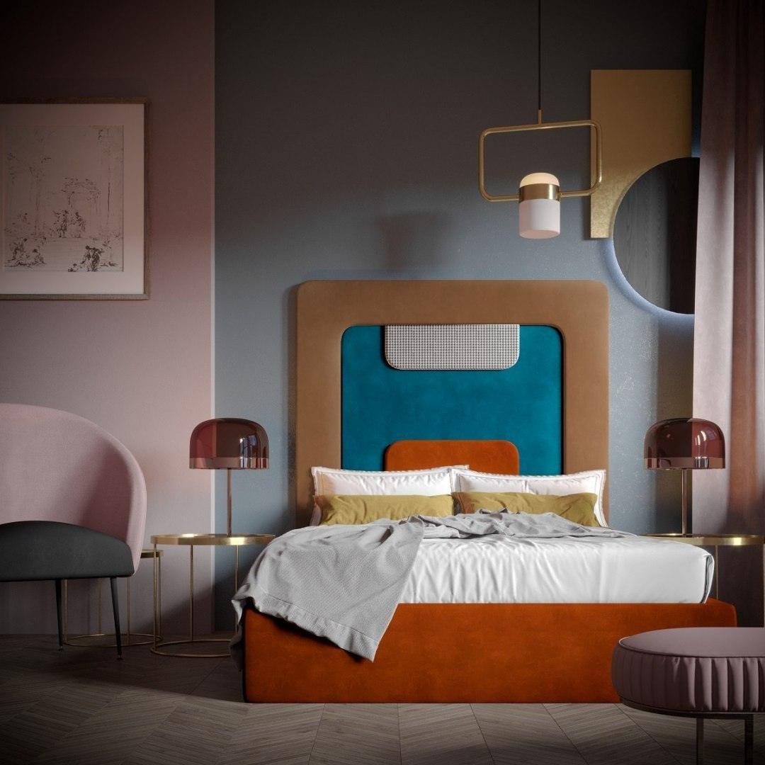 Łóżko tapicerowane PLUM beżowy z niebieskim Happy Barok Eye on Design