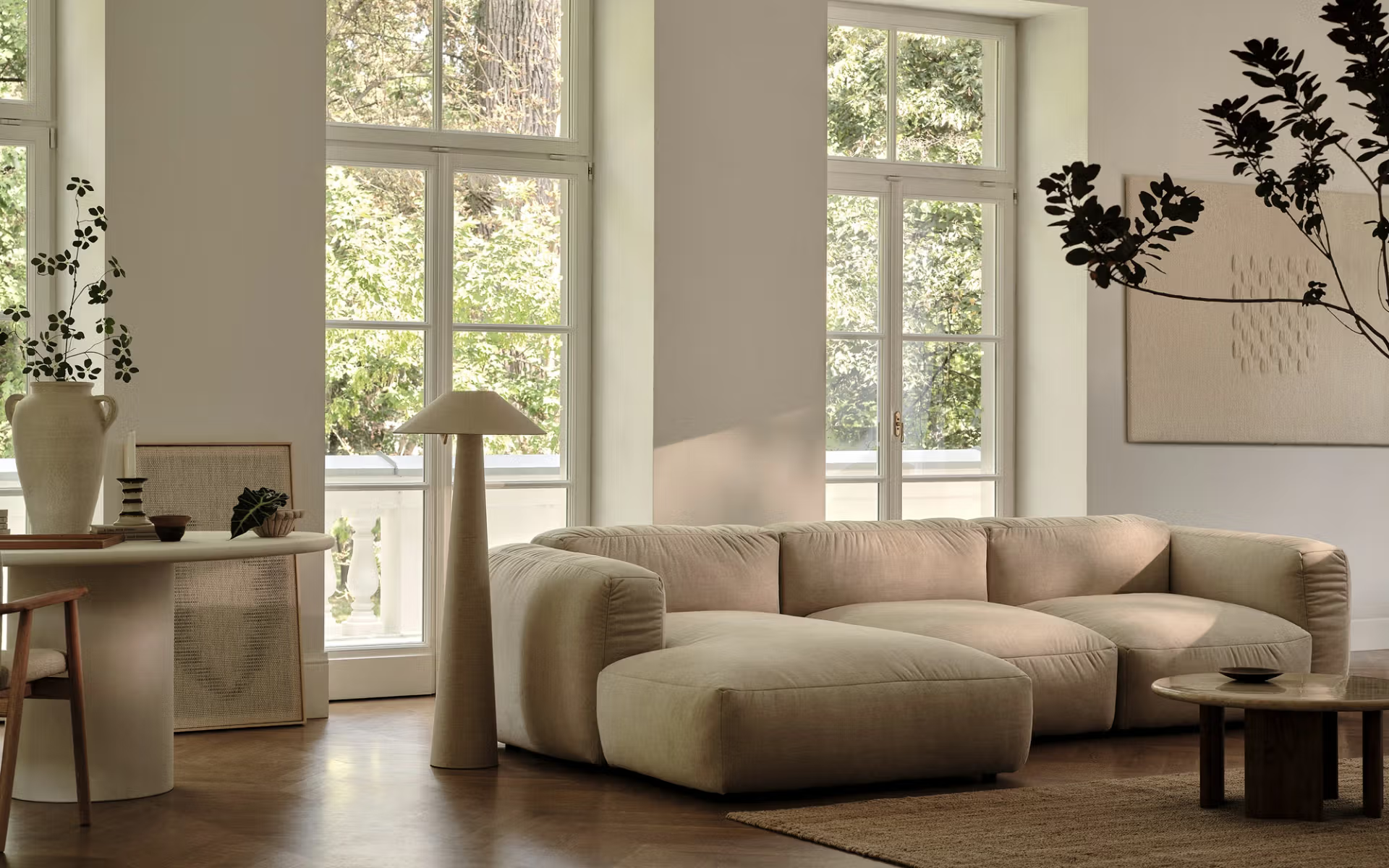 Right -sided corner velvet panoramic martin light beige