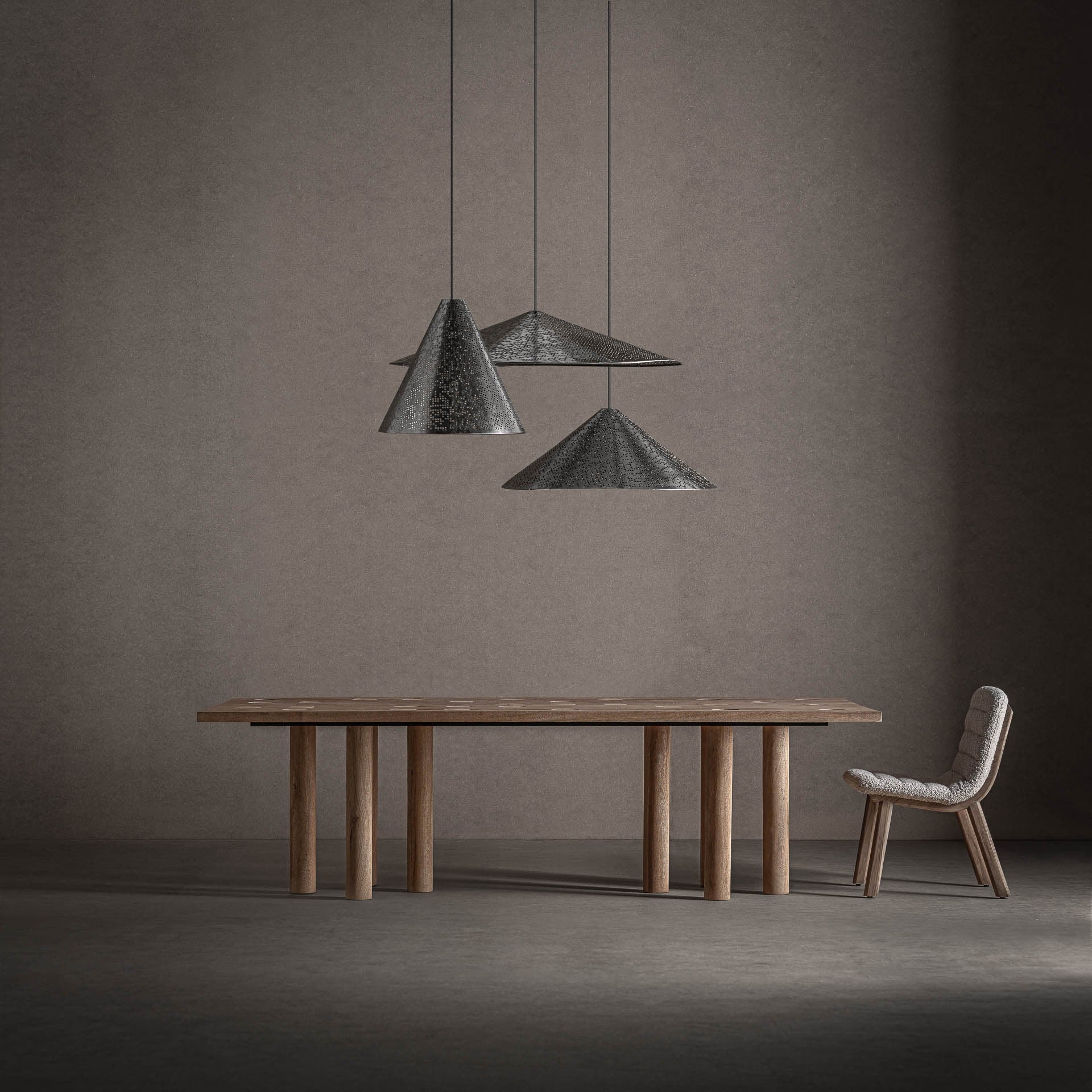 Tisch JACQUARD aus Mangoholz mit Travertin-Oberfläche