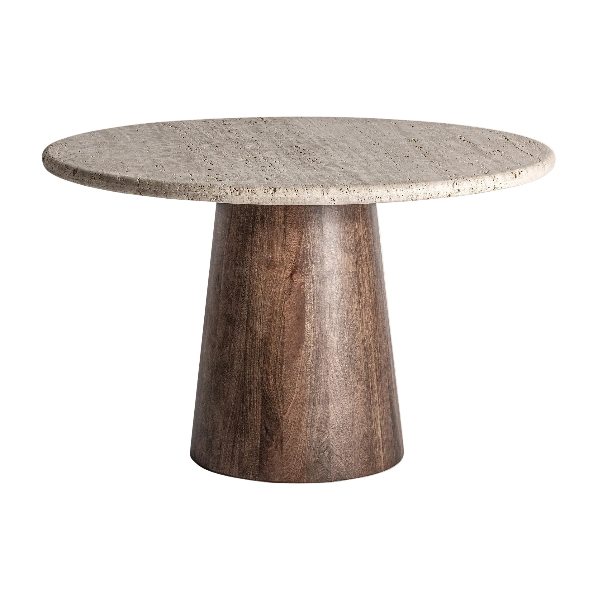 Runder Tisch VARZI mit Travertinplatte und Mango-Holzgestell