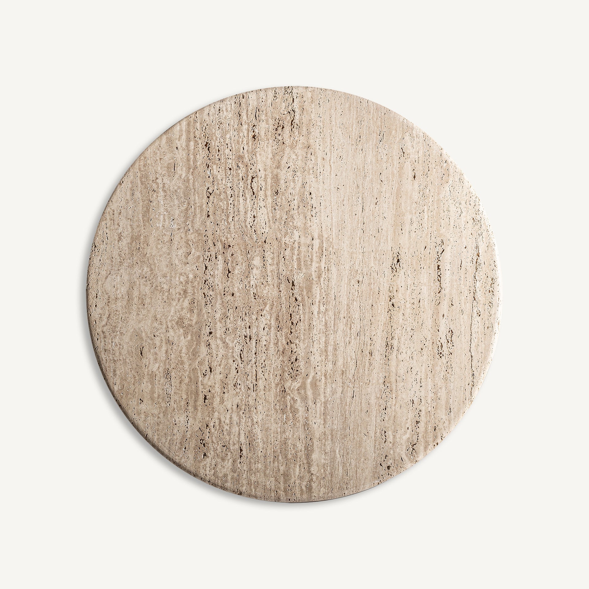 Runder Tisch VARZI mit Travertinplatte und Mango-Holzgestell