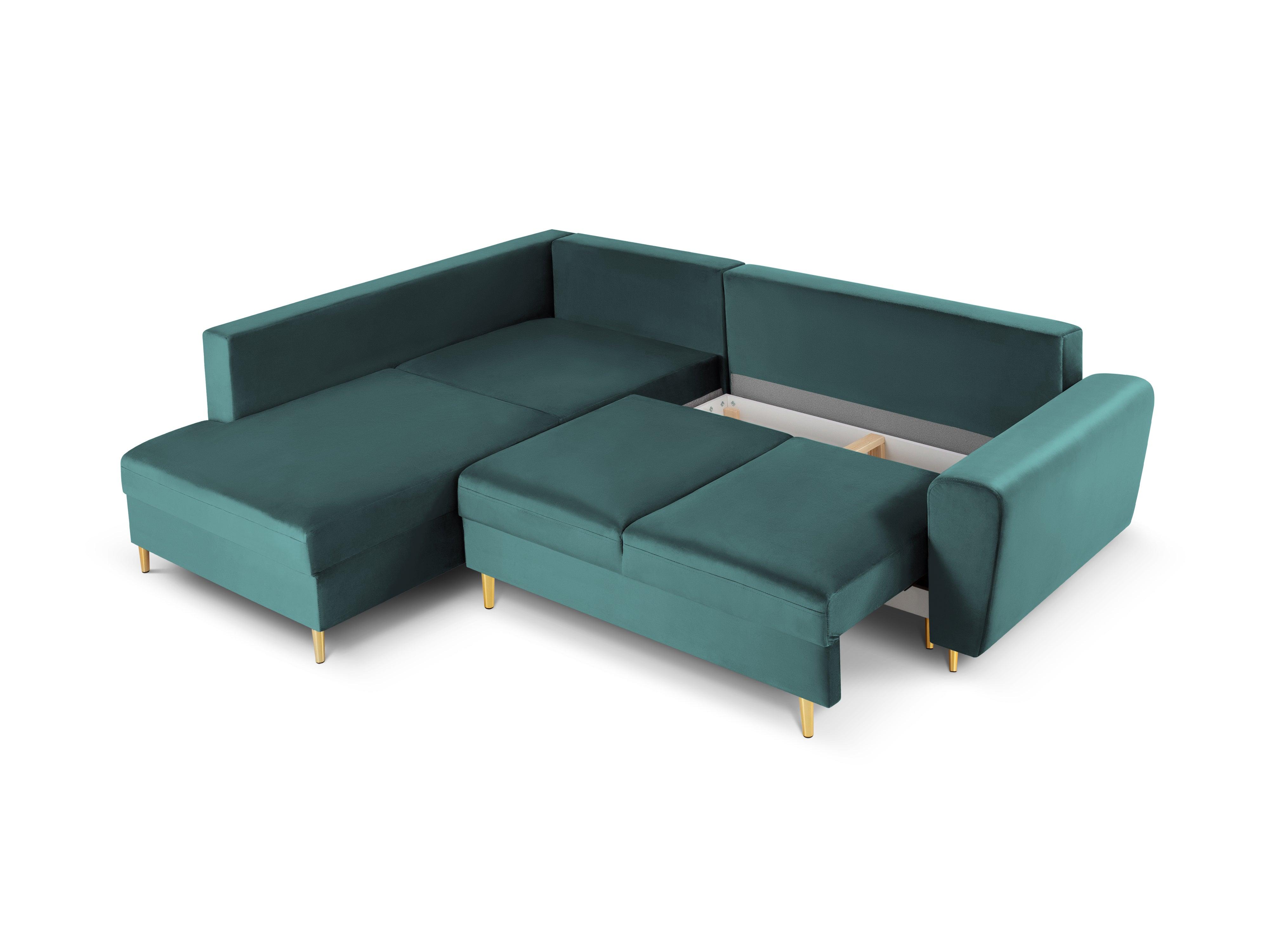 Narożnik 5-osobowy lewostronny z funkcją spania KYOTO petrol ze złotą podstawą Cosmopolitan Design Eye on Design