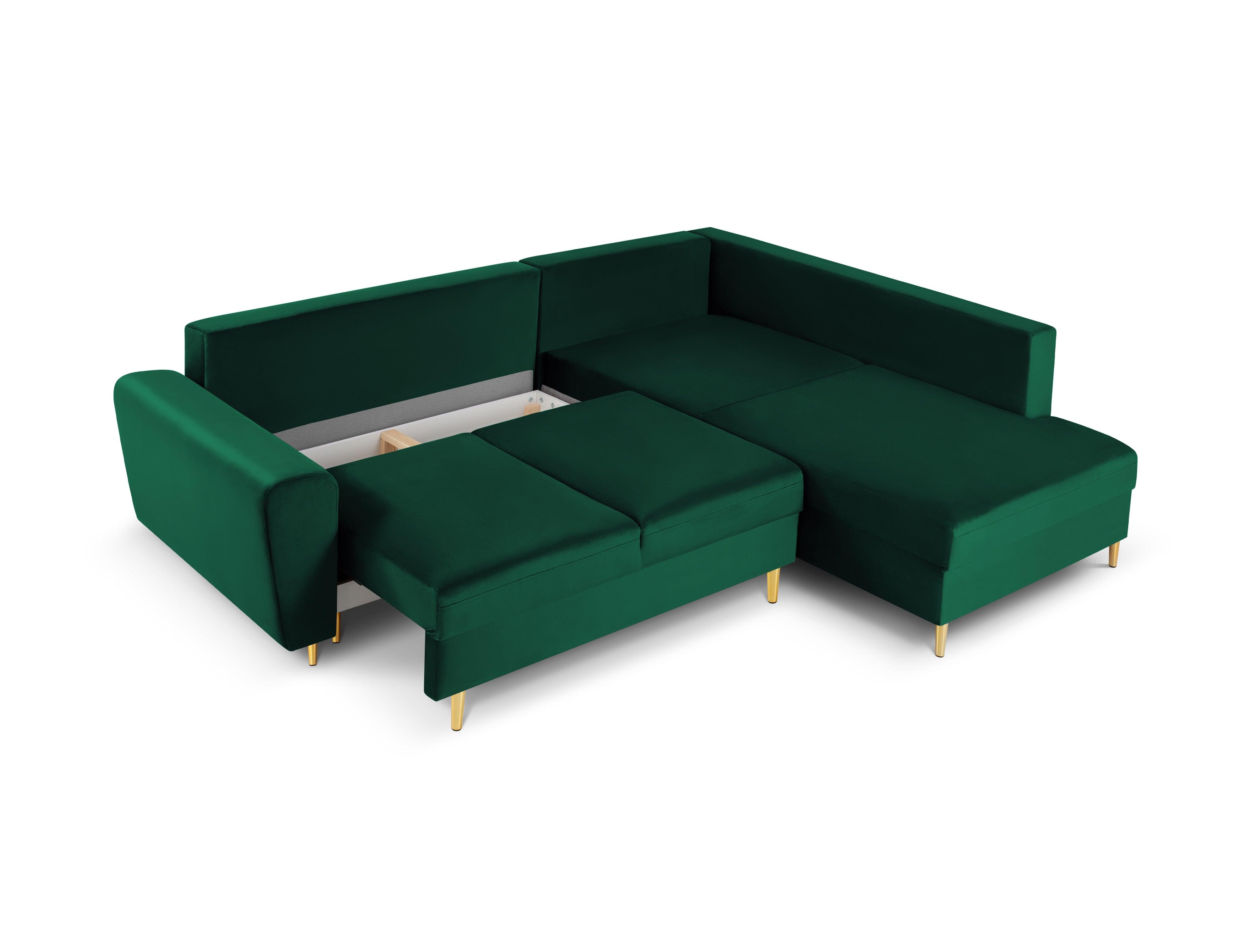 Narożnik 5-osobowy prawostronny z funkcją spania KYOTO butelkowa zieleń ze złotą podstawą Cosmopolitan Design Eye on Design
