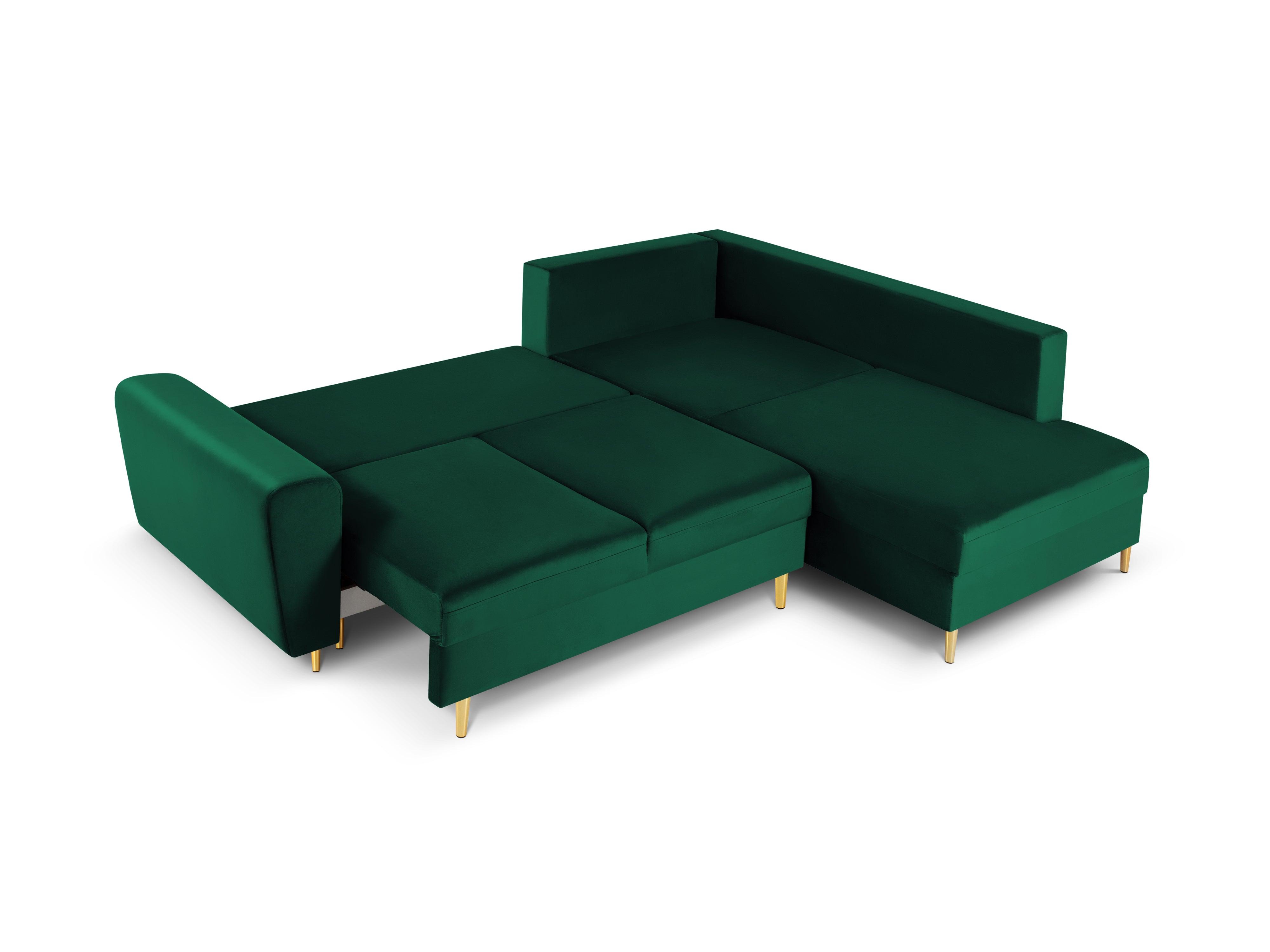 Narożnik 5-osobowy prawostronny z funkcją spania KYOTO butelkowa zieleń ze złotą podstawą Cosmopolitan Design Eye on Design