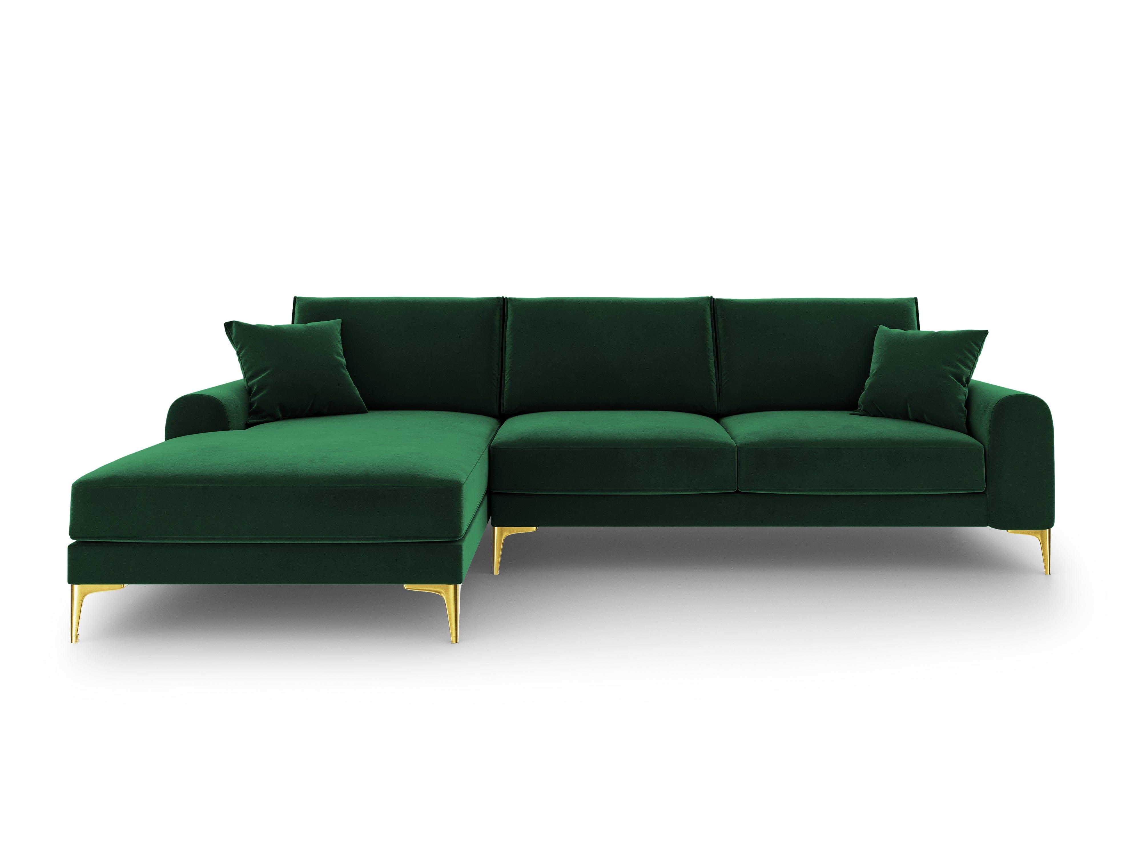 Narożnik aksamitny lewostronny MADARA butelkowa zieleń ze złotą podstawą Mazzini Sofas Eye on Design