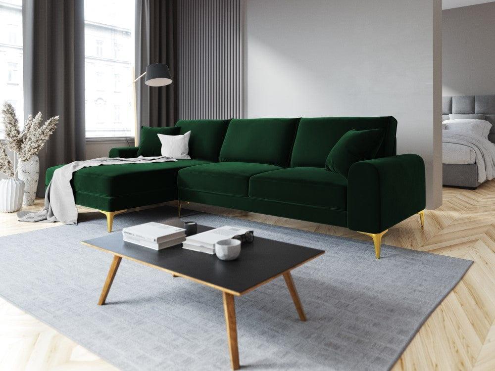 Narożnik aksamitny lewostronny MADARA butelkowa zieleń ze złotą podstawą Mazzini Sofas Eye on Design