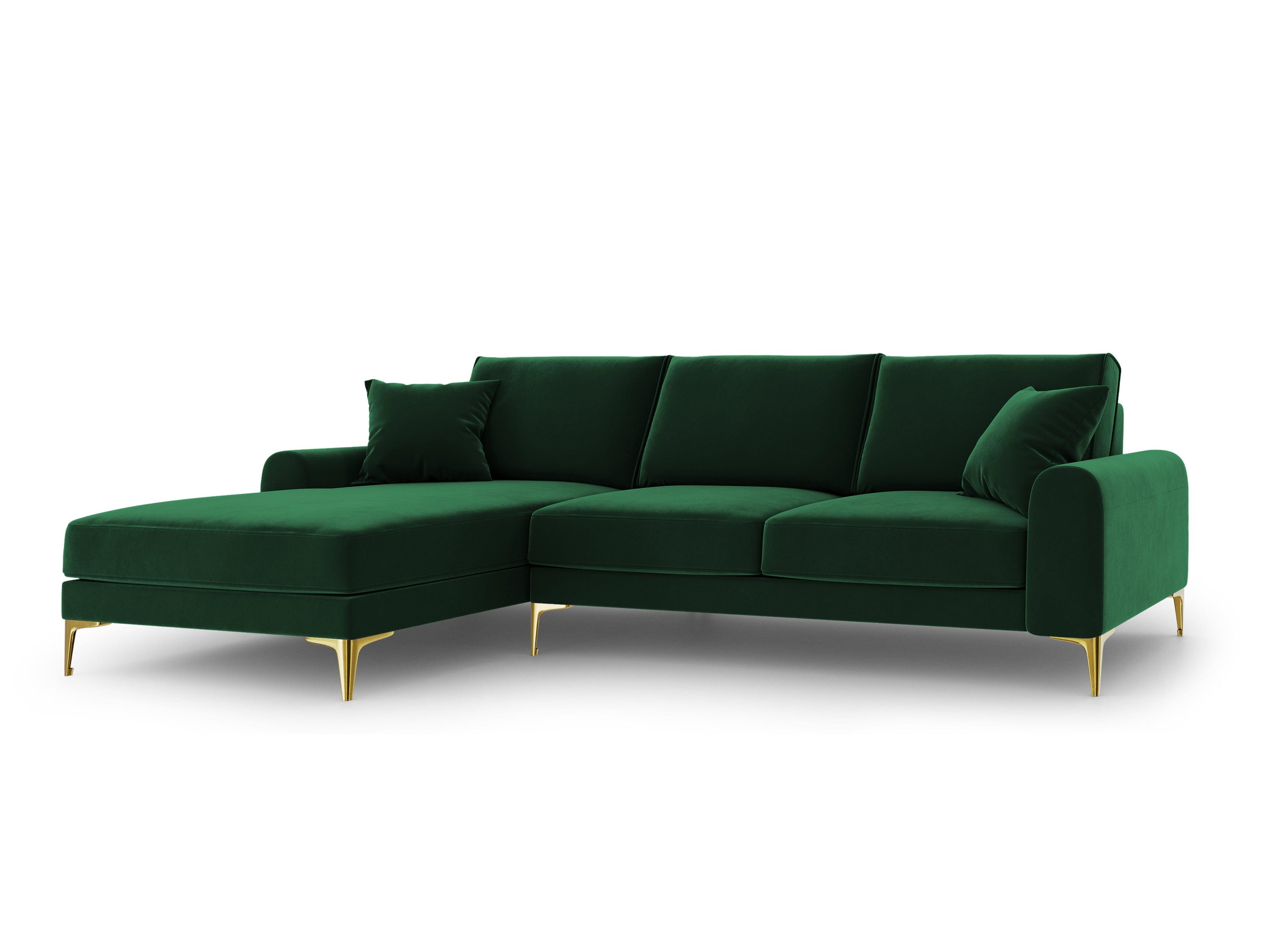 Narożnik aksamitny lewostronny MADARA butelkowa zieleń ze złotą podstawą Mazzini Sofas Eye on Design