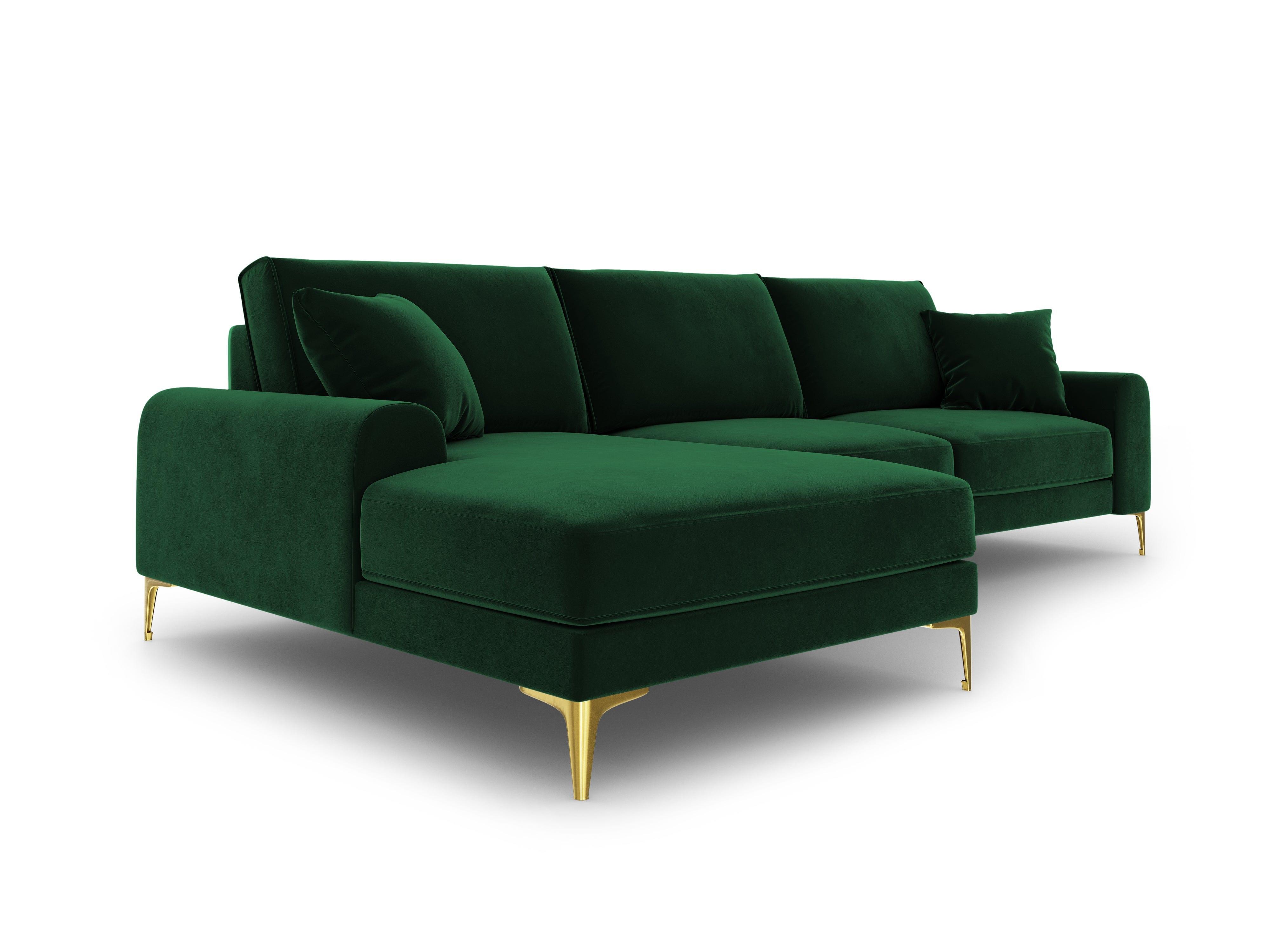 Narożnik aksamitny lewostronny MADARA butelkowa zieleń ze złotą podstawą Mazzini Sofas Eye on Design
