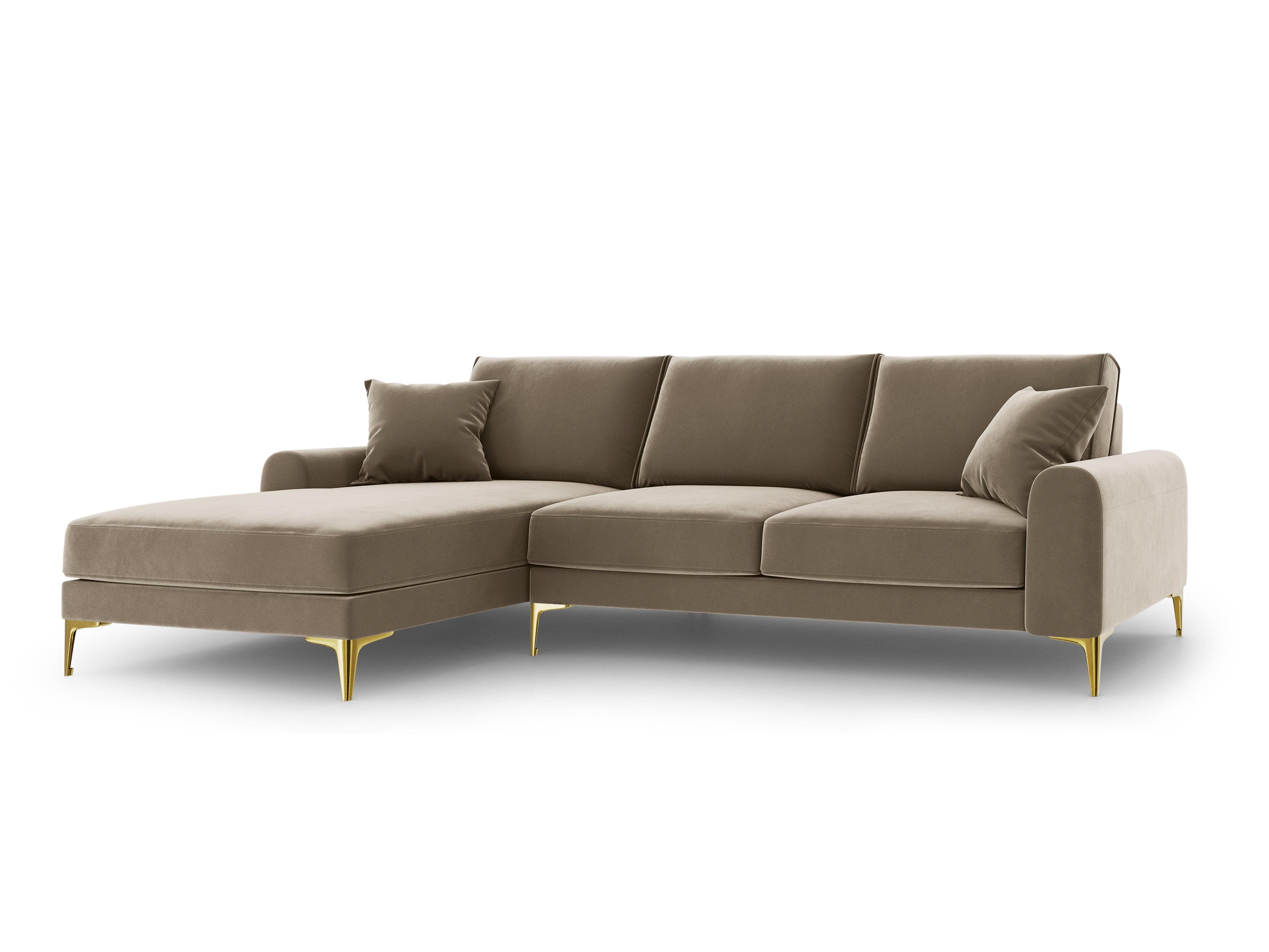 Narożnik aksamitny lewostronny MADARA cappuccino ze złotą podstawą Mazzini Sofas Eye on Design