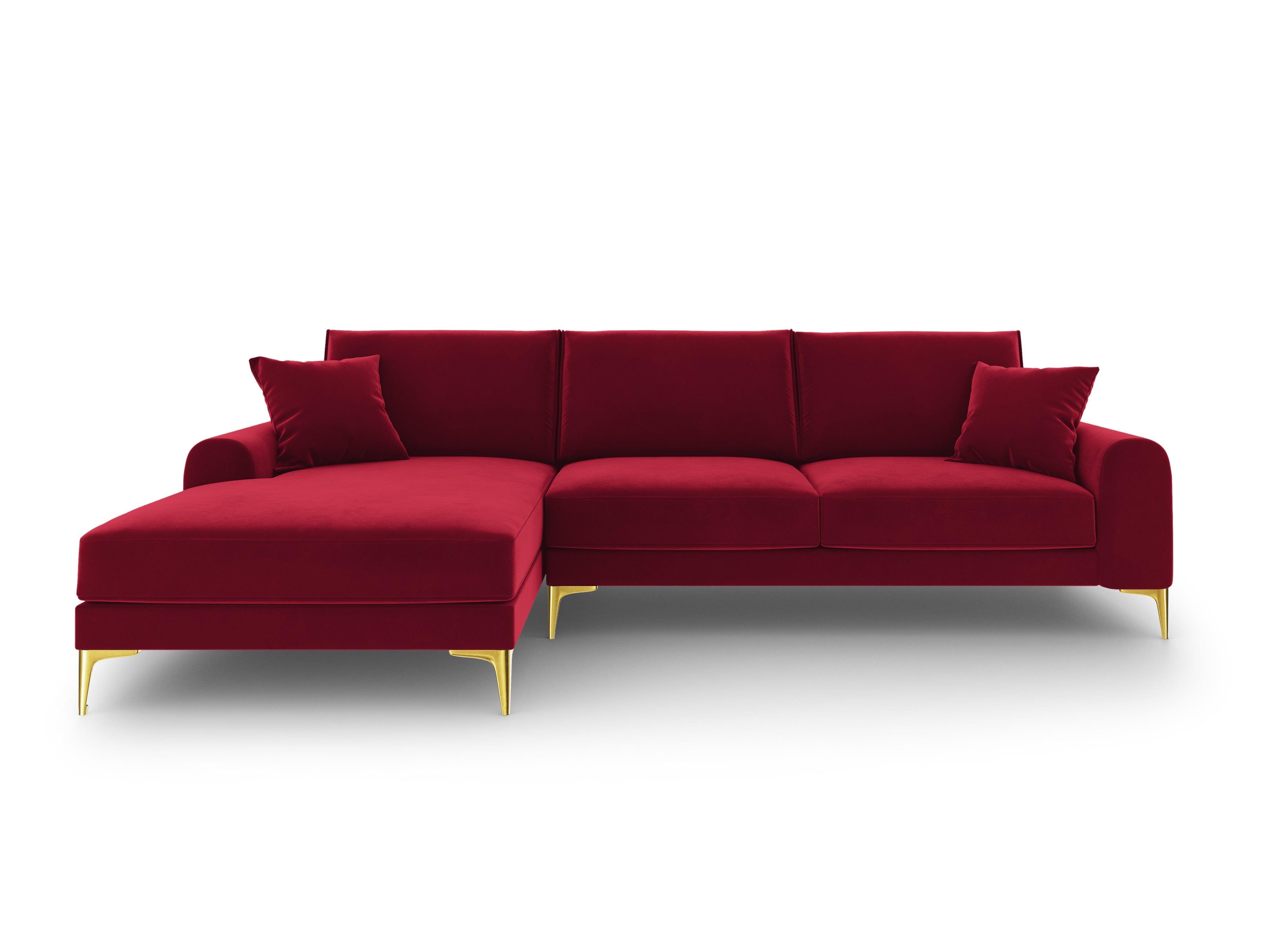 Narożnik aksamitny lewostronny MADARA czerwony ze złotą podstawą Mazzini Sofas Eye on Design