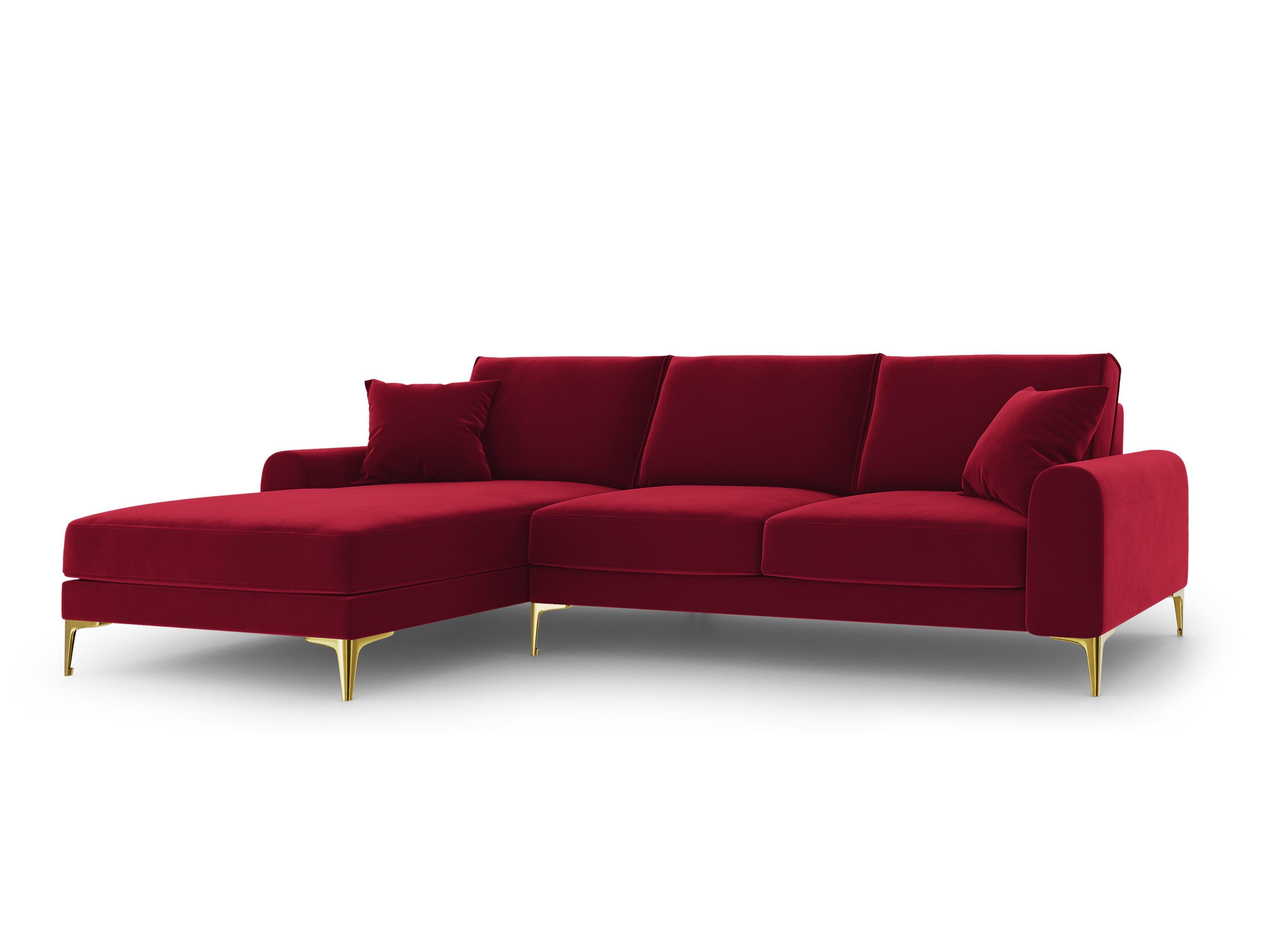 Narożnik aksamitny lewostronny MADARA czerwony ze złotą podstawą Mazzini Sofas Eye on Design