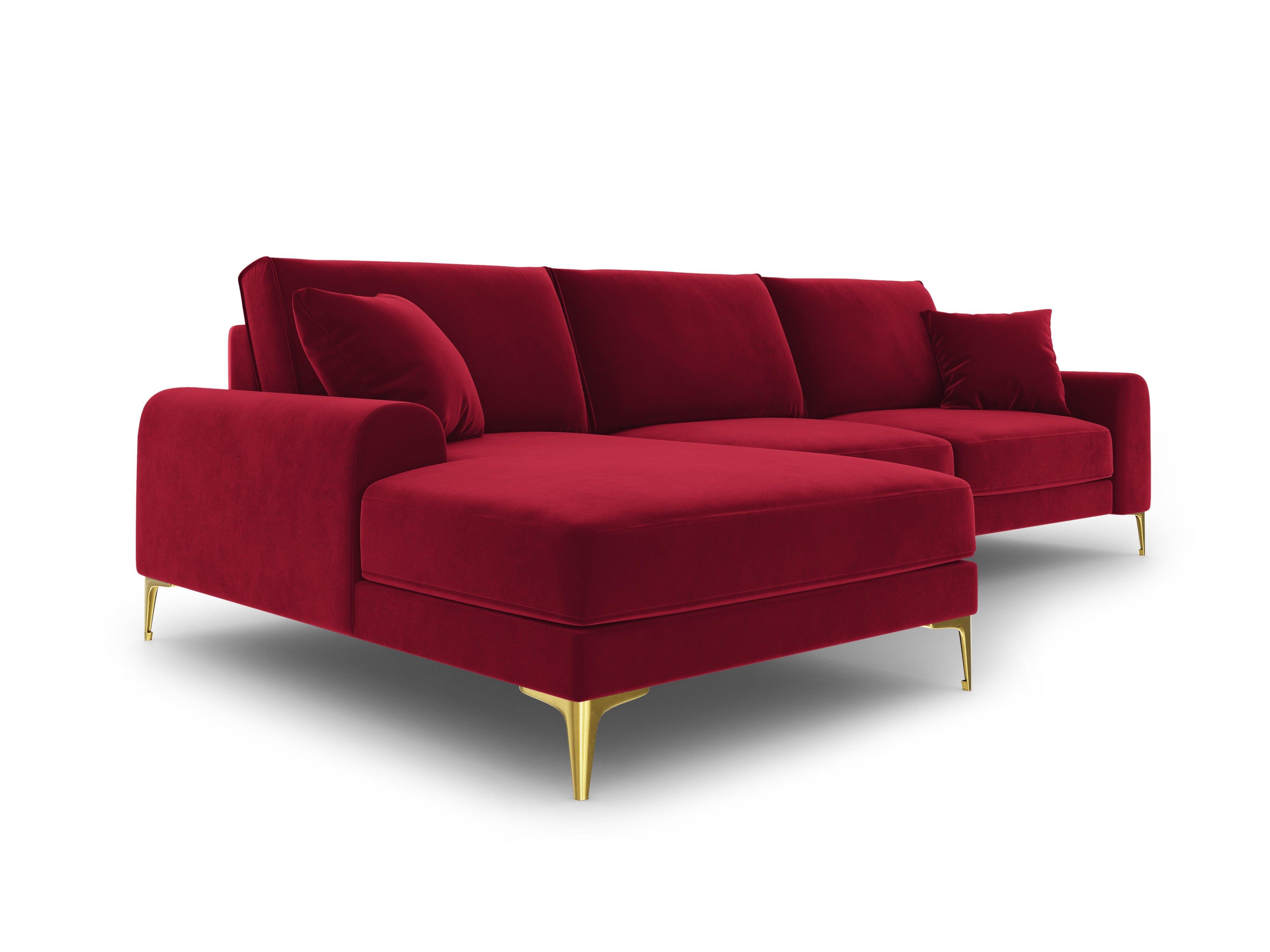 Narożnik aksamitny lewostronny MADARA czerwony ze złotą podstawą Mazzini Sofas Eye on Design