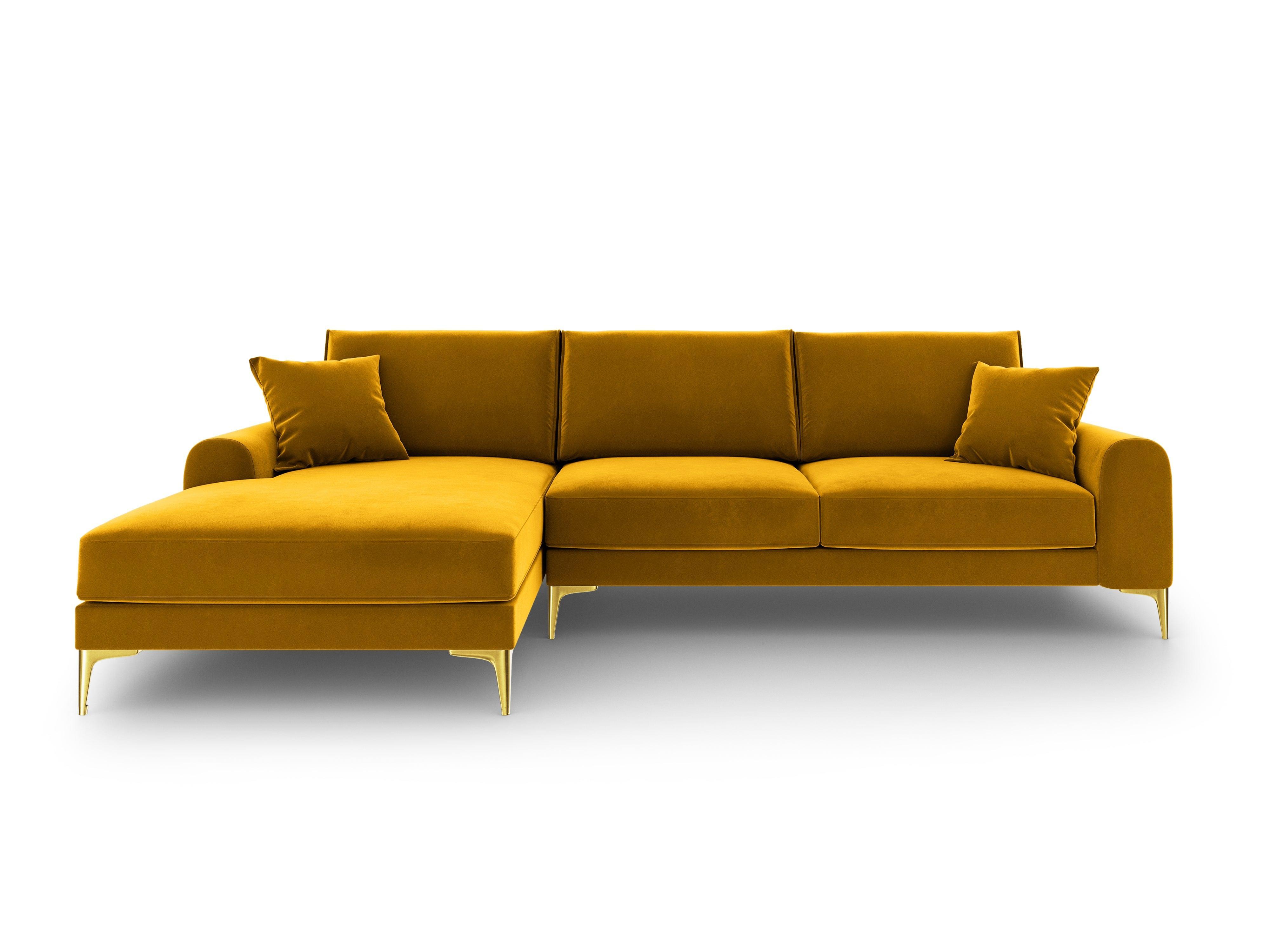 Narożnik aksamitny lewostronny MADARA musztardowy ze złotą podstawą Mazzini Sofas Eye on Design