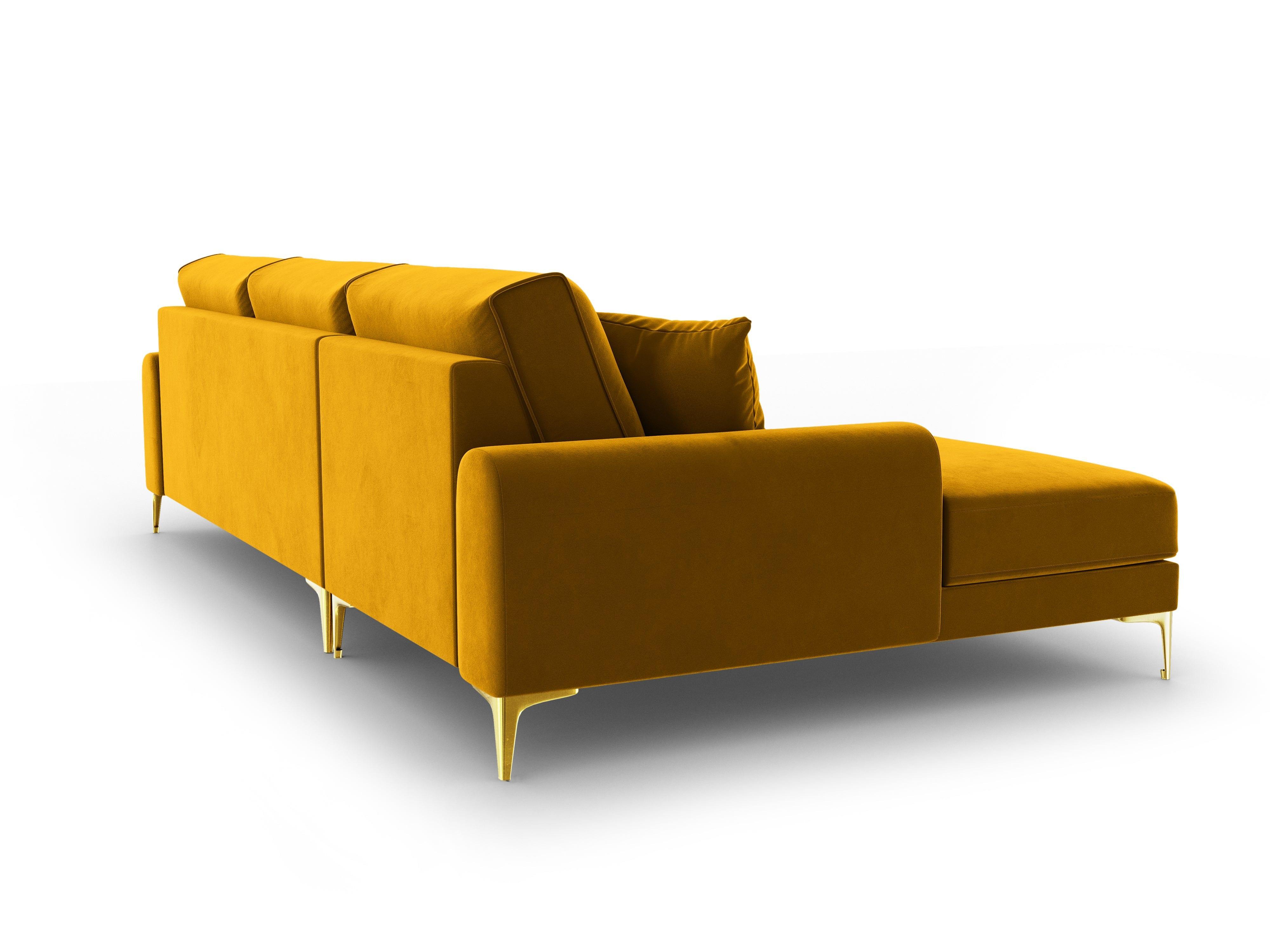 Narożnik aksamitny lewostronny MADARA musztardowy ze złotą podstawą Mazzini Sofas Eye on Design