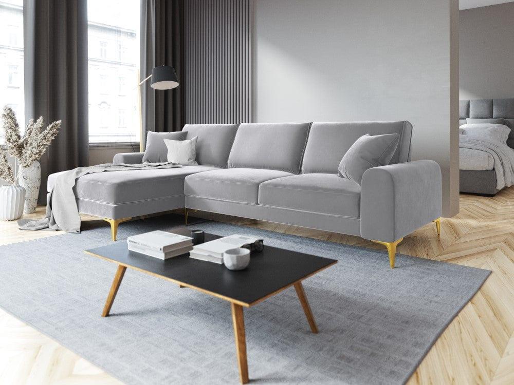 Narożnik aksamitny lewostronny MADARA srebrny ze złotą podstawą Mazzini Sofas Eye on Design