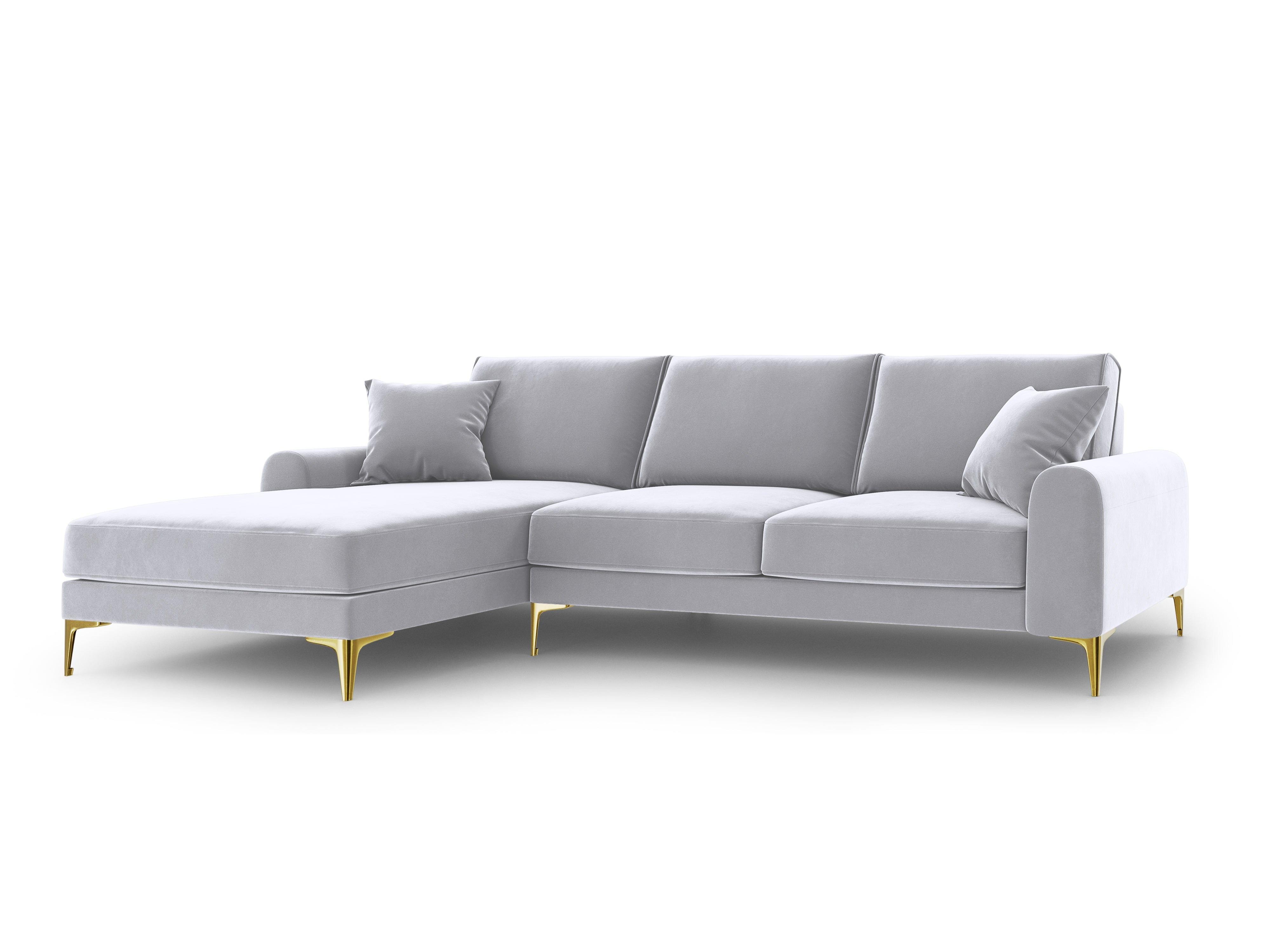 Narożnik aksamitny lewostronny MADARA srebrny ze złotą podstawą Mazzini Sofas Eye on Design