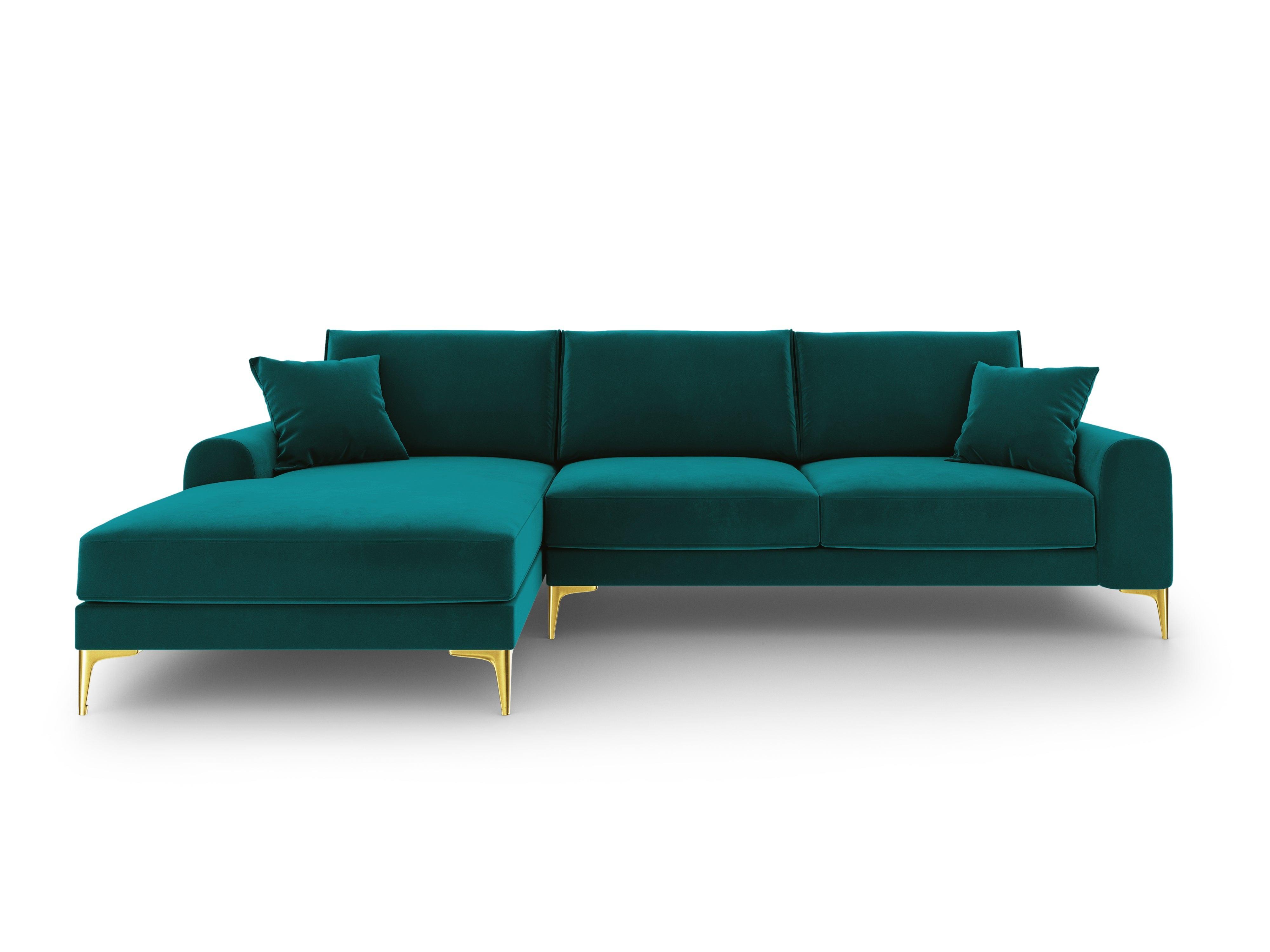 Narożnik aksamitny lewostronny MADARA turkusowy ze złotą podstawą Mazzini Sofas Eye on Design