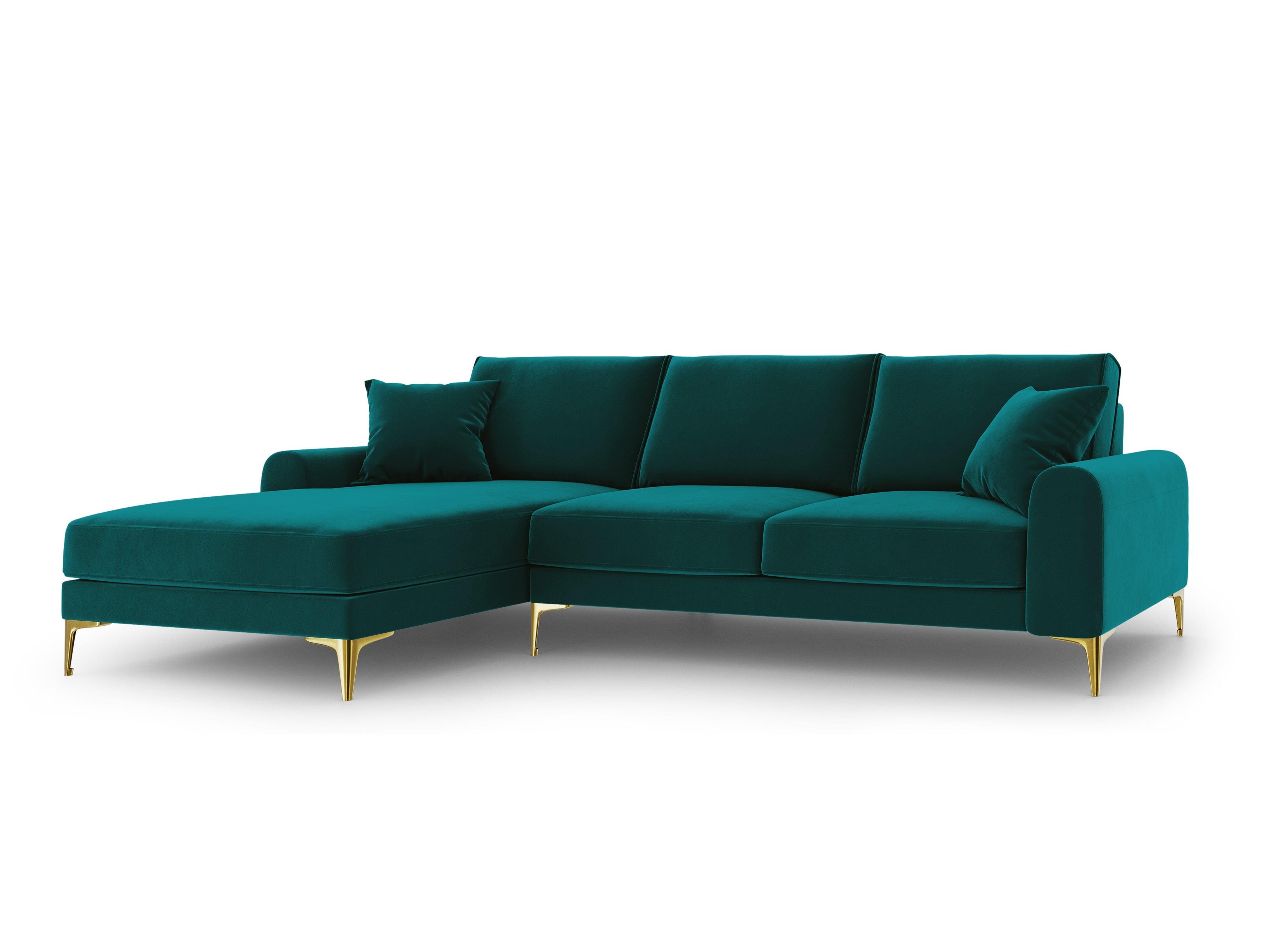 Narożnik aksamitny lewostronny MADARA turkusowy ze złotą podstawą Mazzini Sofas Eye on Design