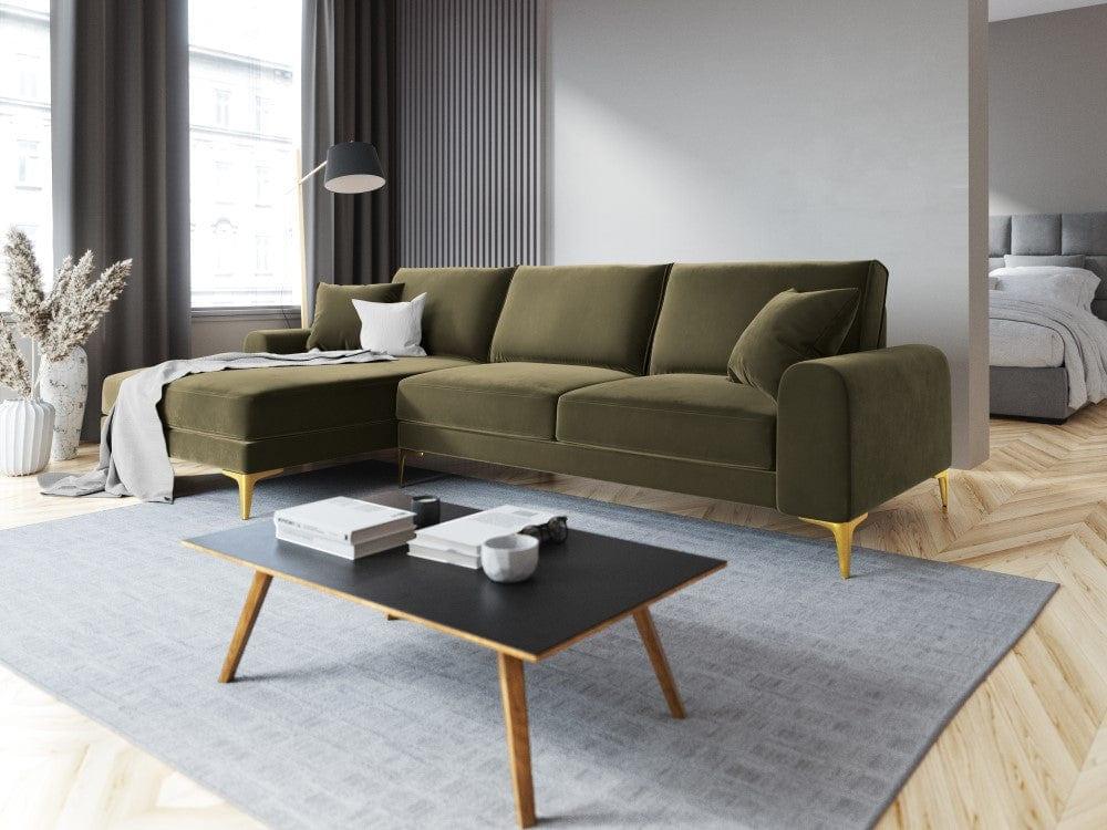 Narożnik aksamitny lewostronny MADARA zielony ze złotą podstawą Mazzini Sofas Eye on Design