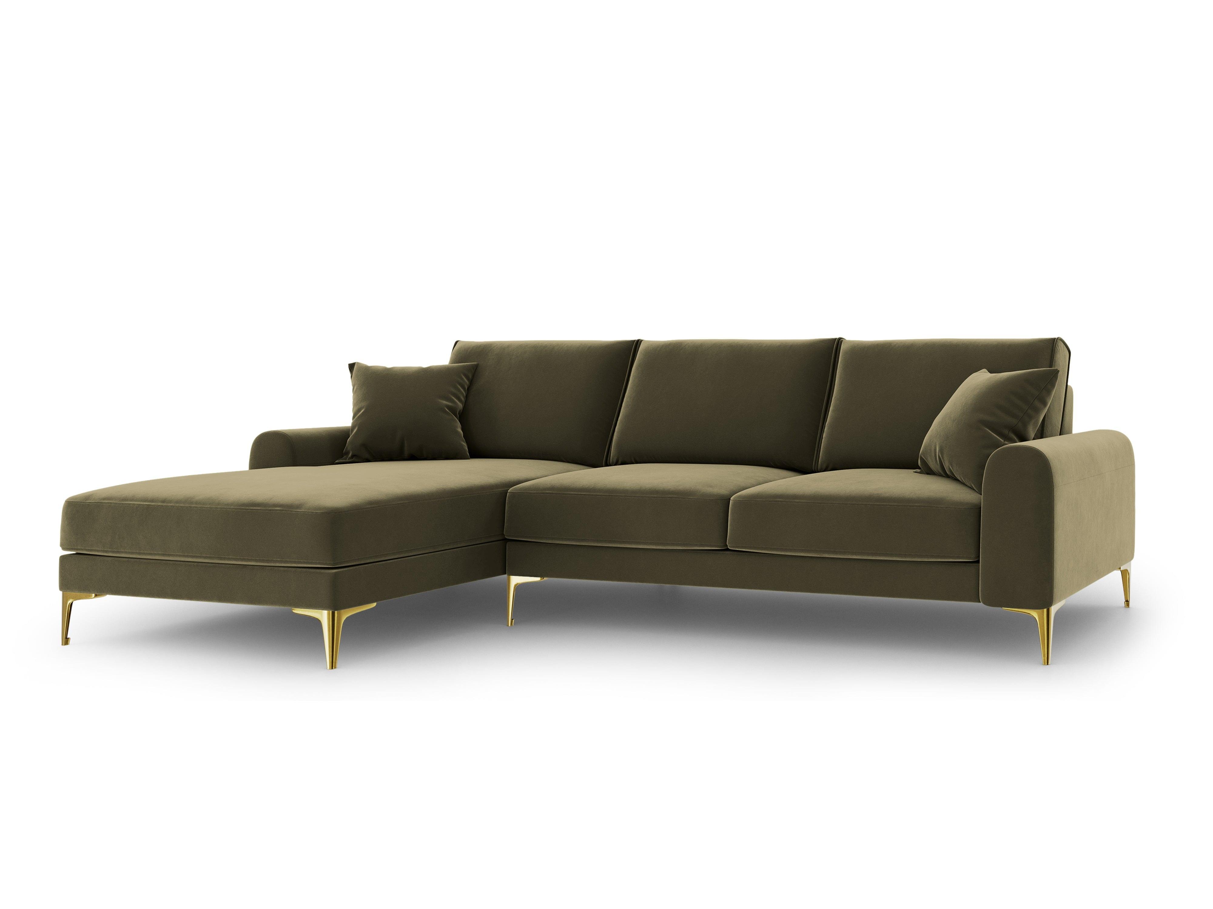 Narożnik aksamitny lewostronny MADARA zielony ze złotą podstawą Mazzini Sofas Eye on Design