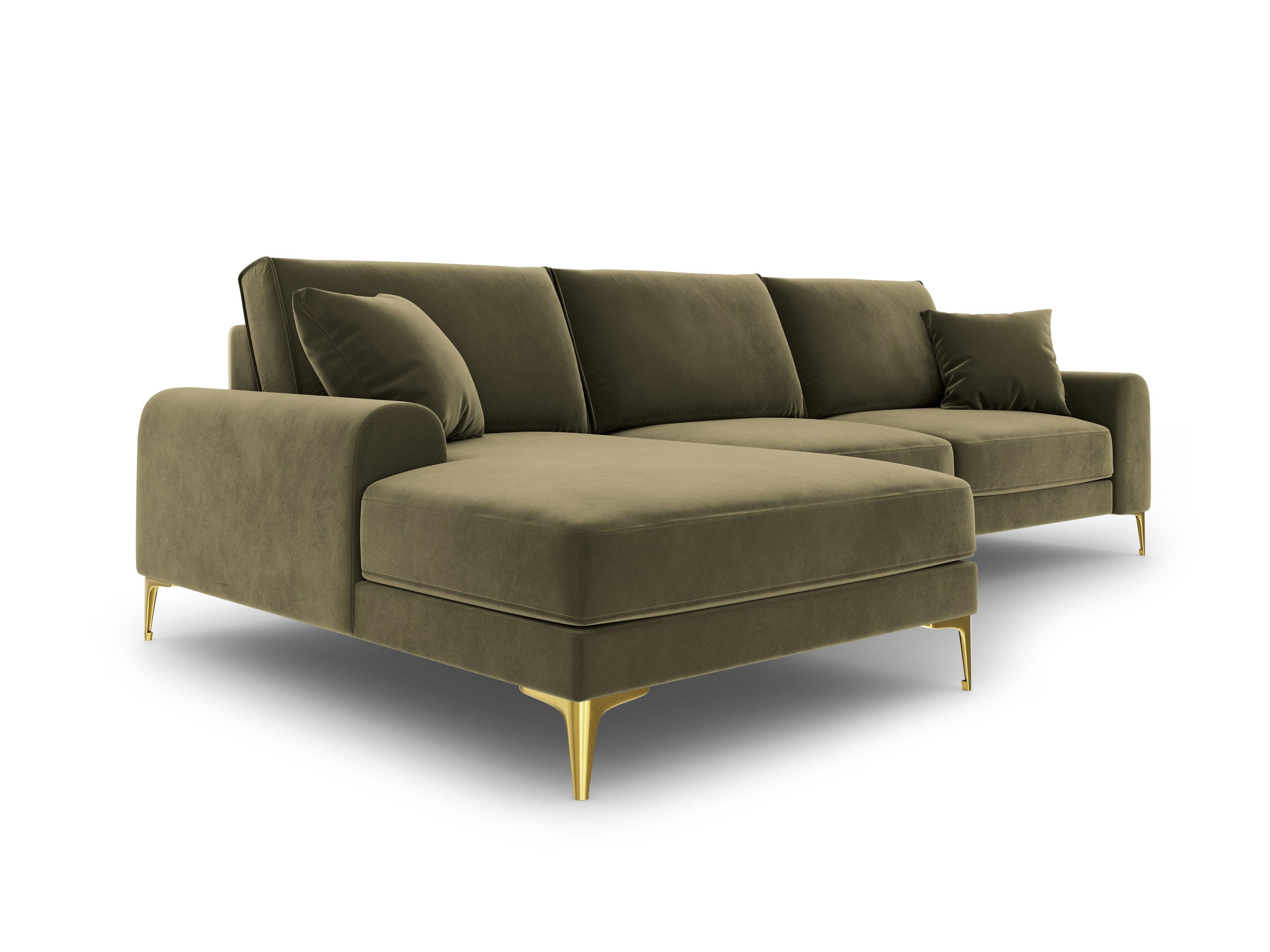 Narożnik aksamitny lewostronny MADARA zielony ze złotą podstawą Mazzini Sofas Eye on Design