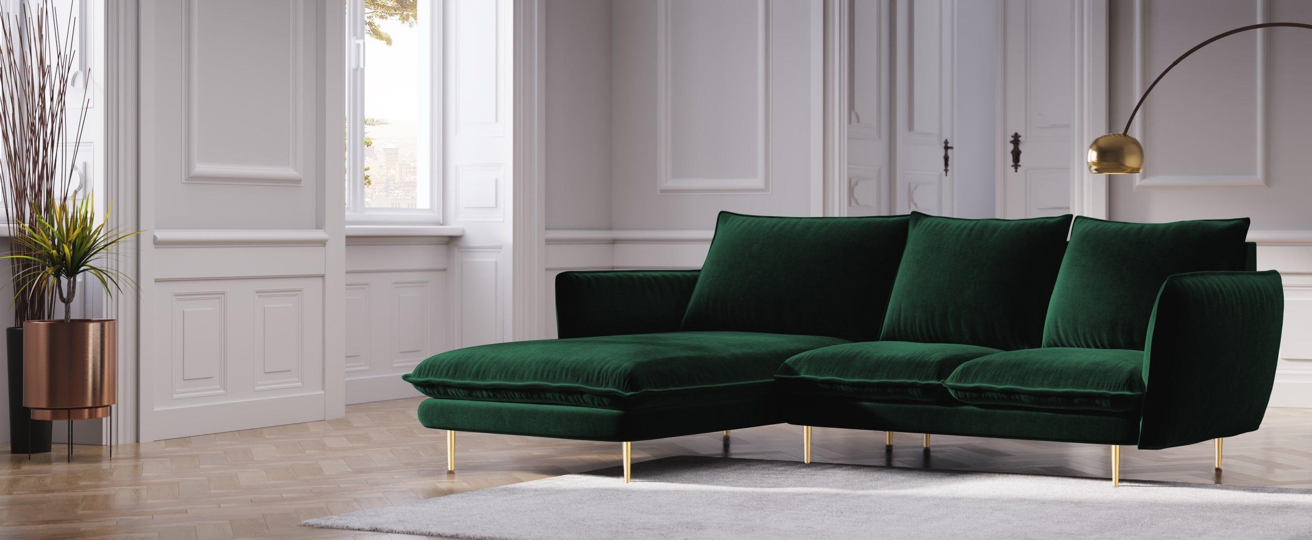 Narożnik aksamitny lewostronny VIENNA zielony ze złotą podstawą Cosmopolitan Design Eye on Design