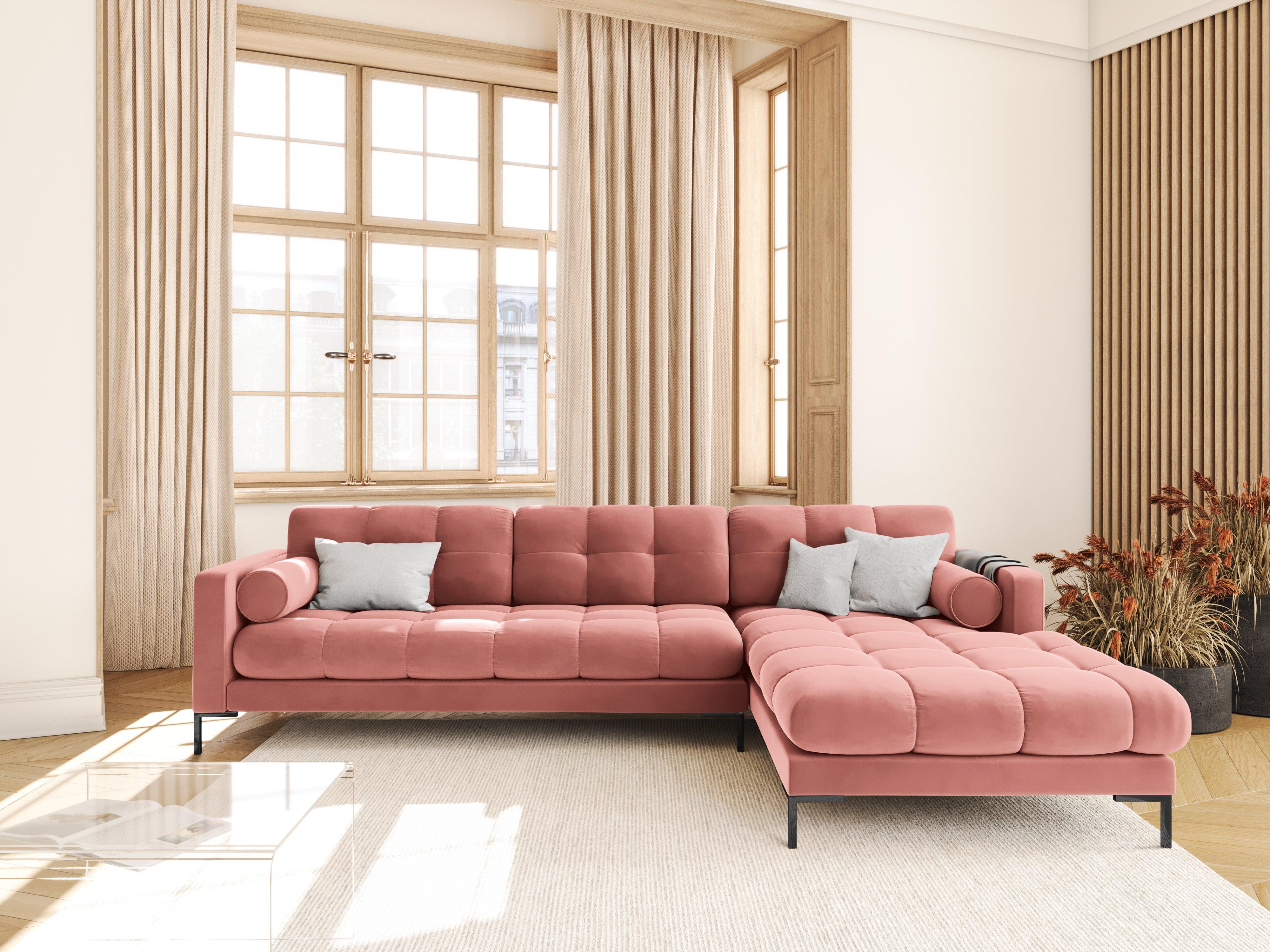 Narożnik aksamitny prawostronny BALI różowy z czarną podstawą Cosmopolitan Design Eye on Design