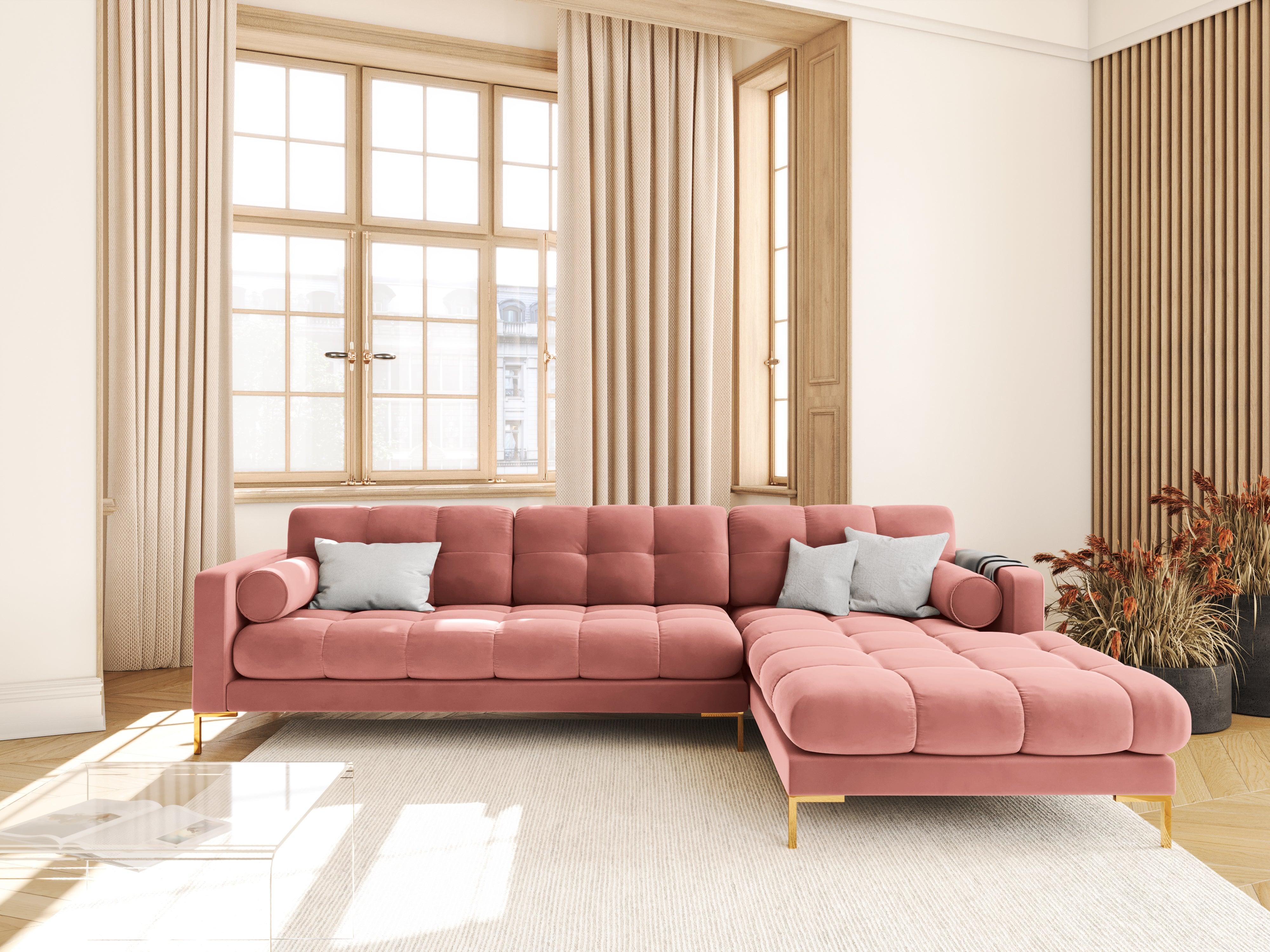 Narożnik aksamitny prawostronny BALI różowy ze złotą podstawą Cosmopolitan Design Eye on Design