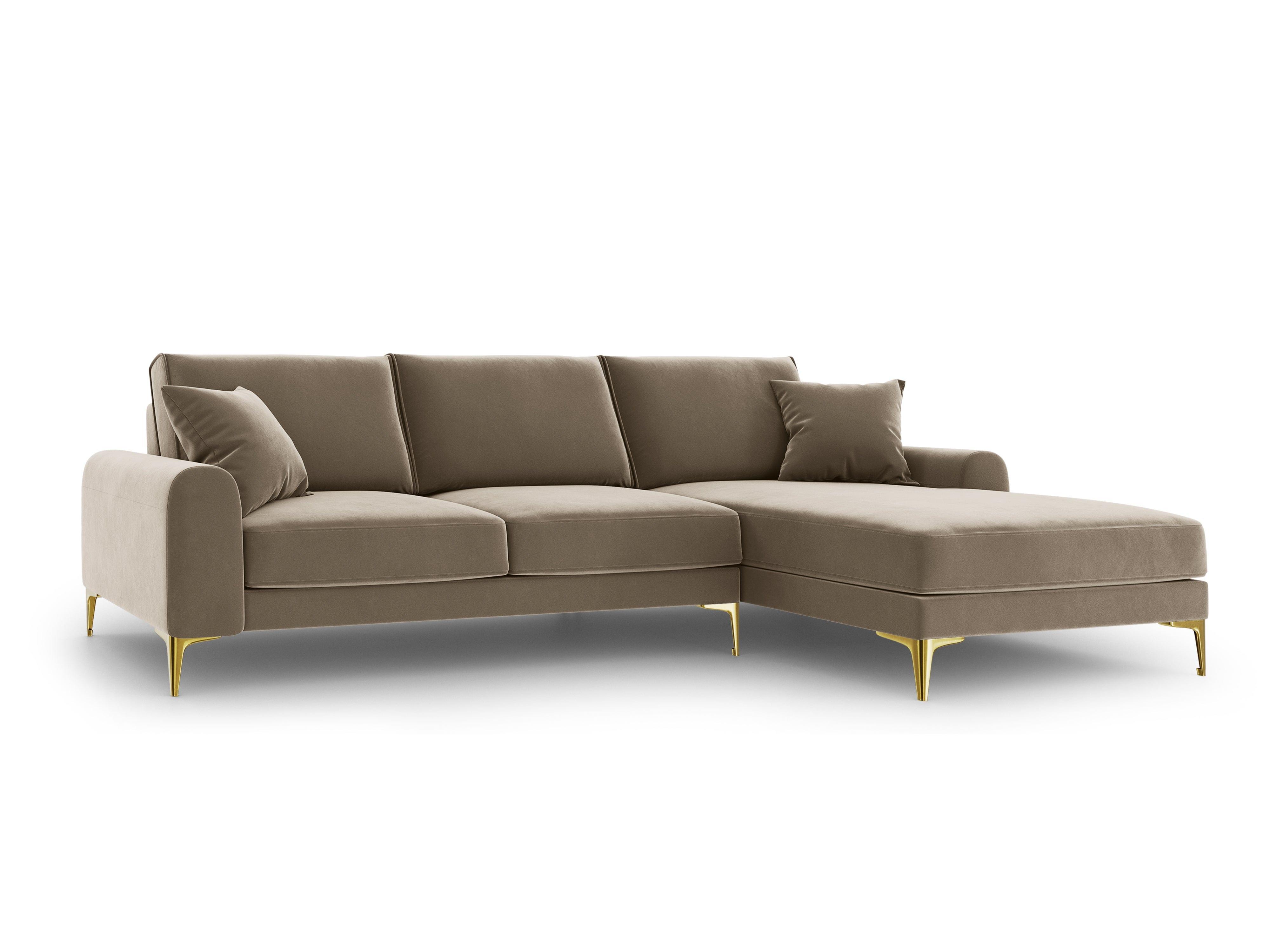 Narożnik aksamitny prawostronny MADARA cappuccino ze złotą podstawą Mazzini Sofas Eye on Design
