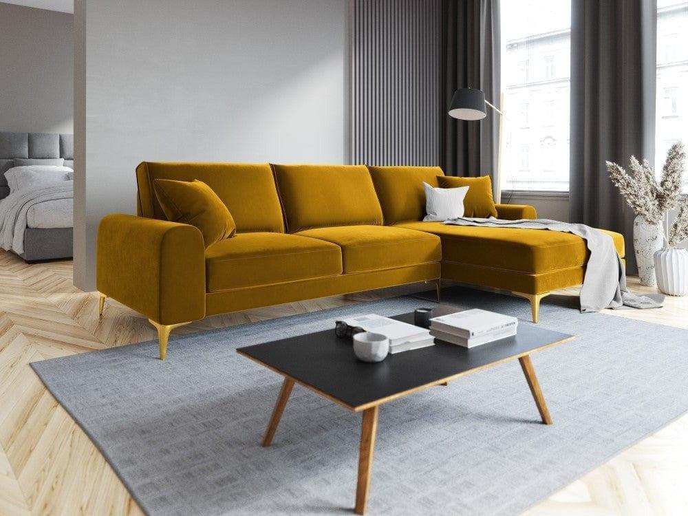 Narożnik aksamitny prawostronny MADARA musztardowy ze złotą podstawą Mazzini Sofas Eye on Design