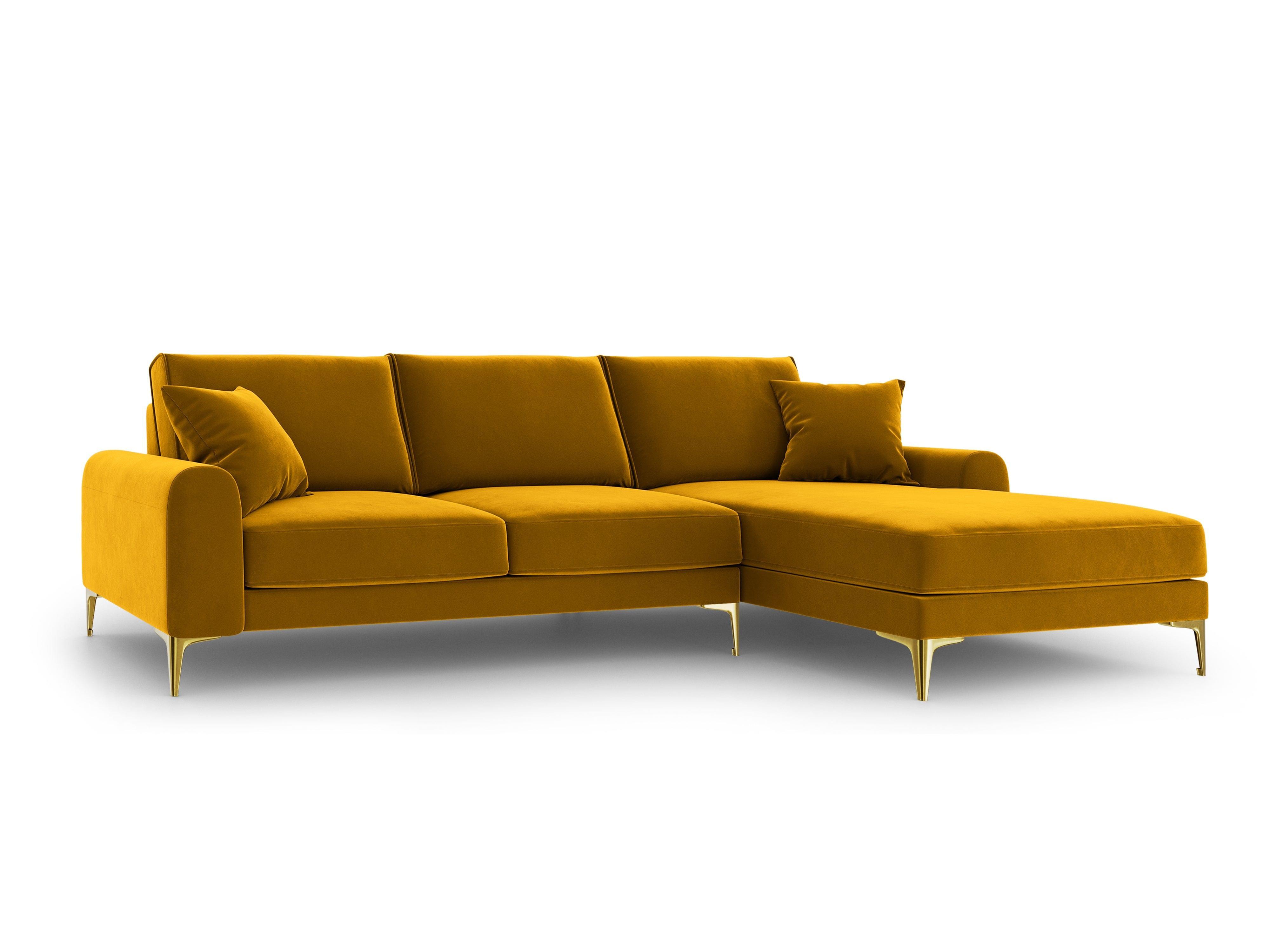 Narożnik aksamitny prawostronny MADARA musztardowy ze złotą podstawą Mazzini Sofas Eye on Design