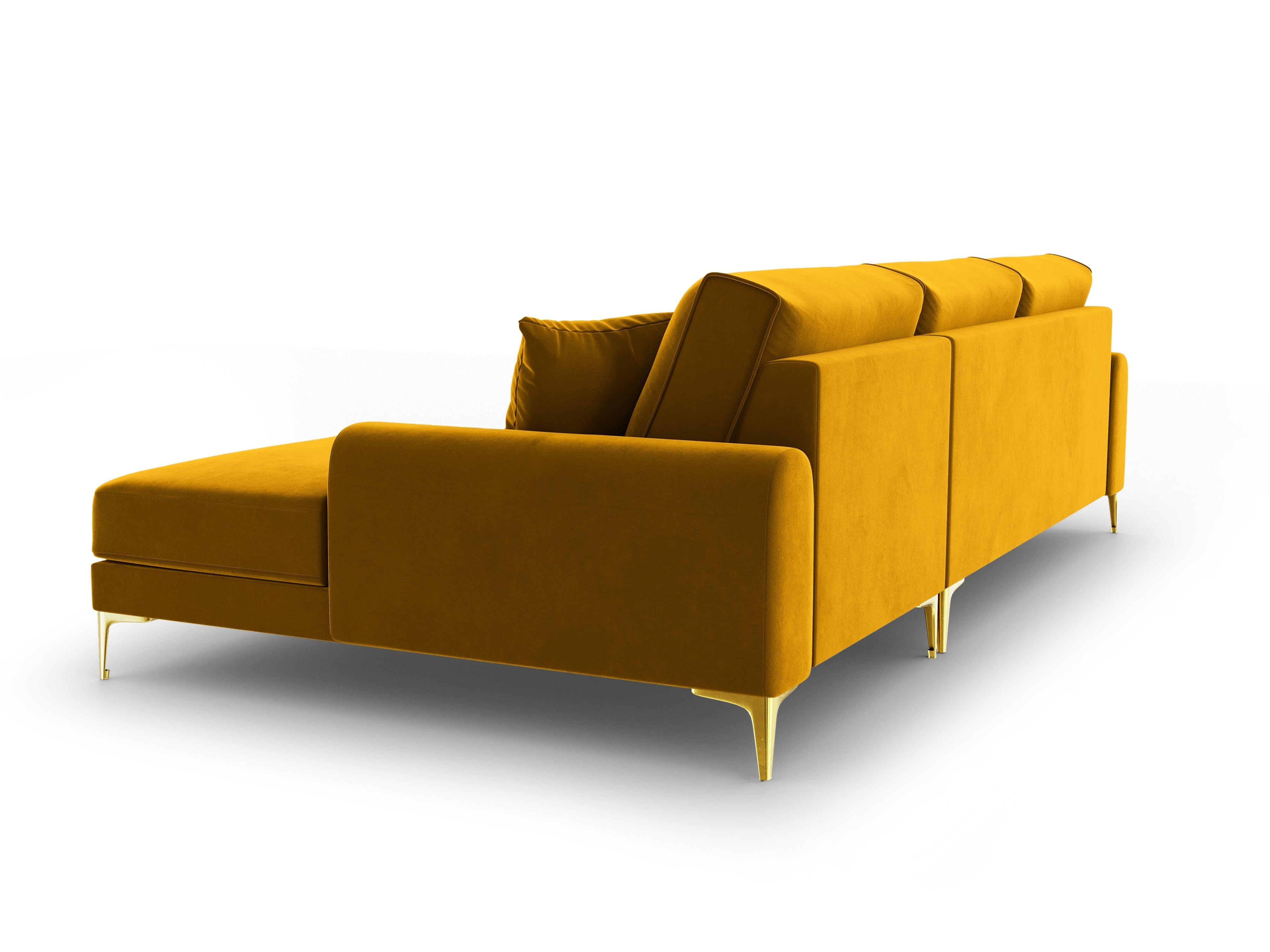 Narożnik aksamitny prawostronny MADARA musztardowy ze złotą podstawą Mazzini Sofas Eye on Design