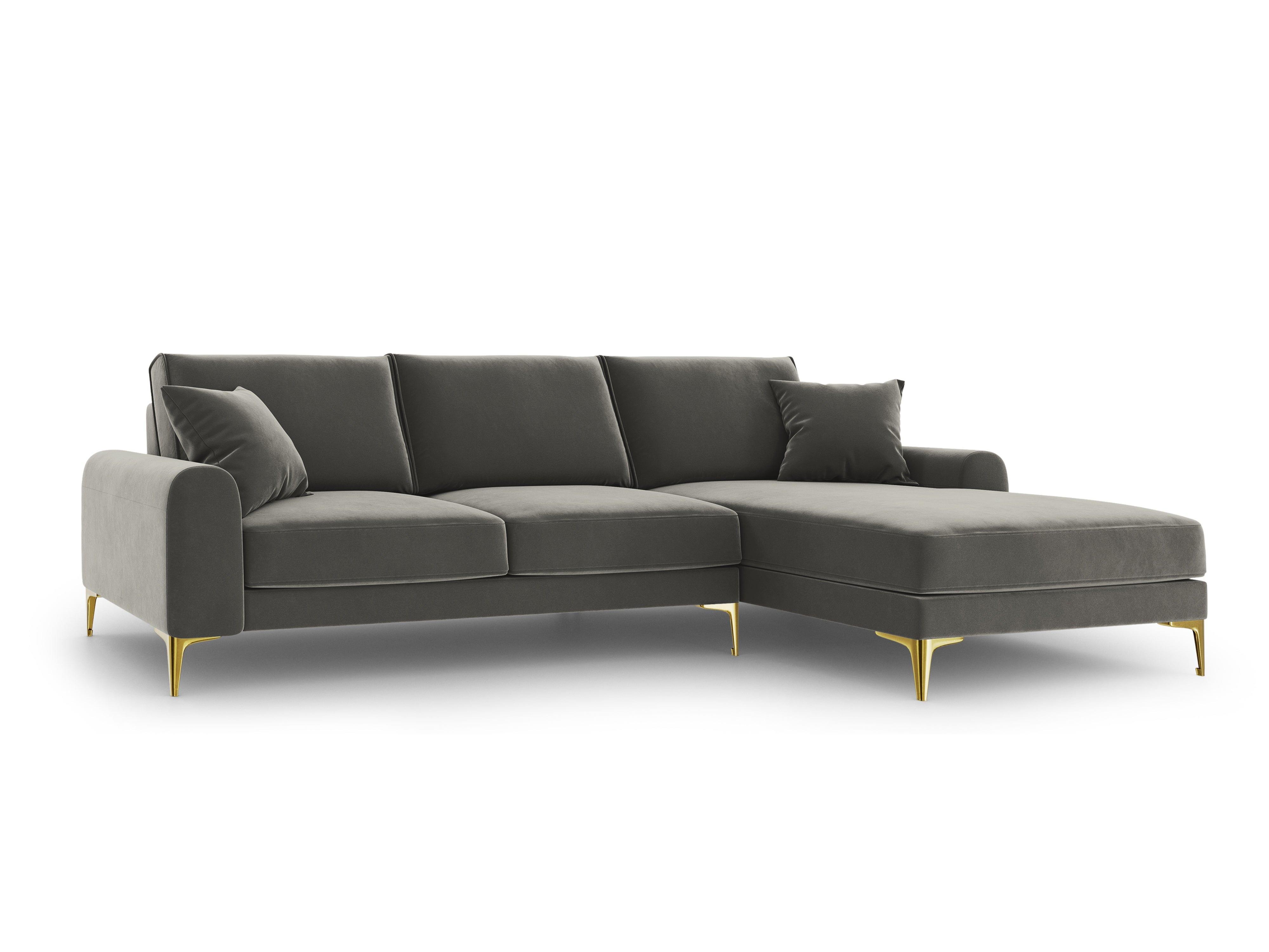 Narożnik aksamitny prawostronny MADARA szary ze złotą podstawą Mazzini Sofas Eye on Design