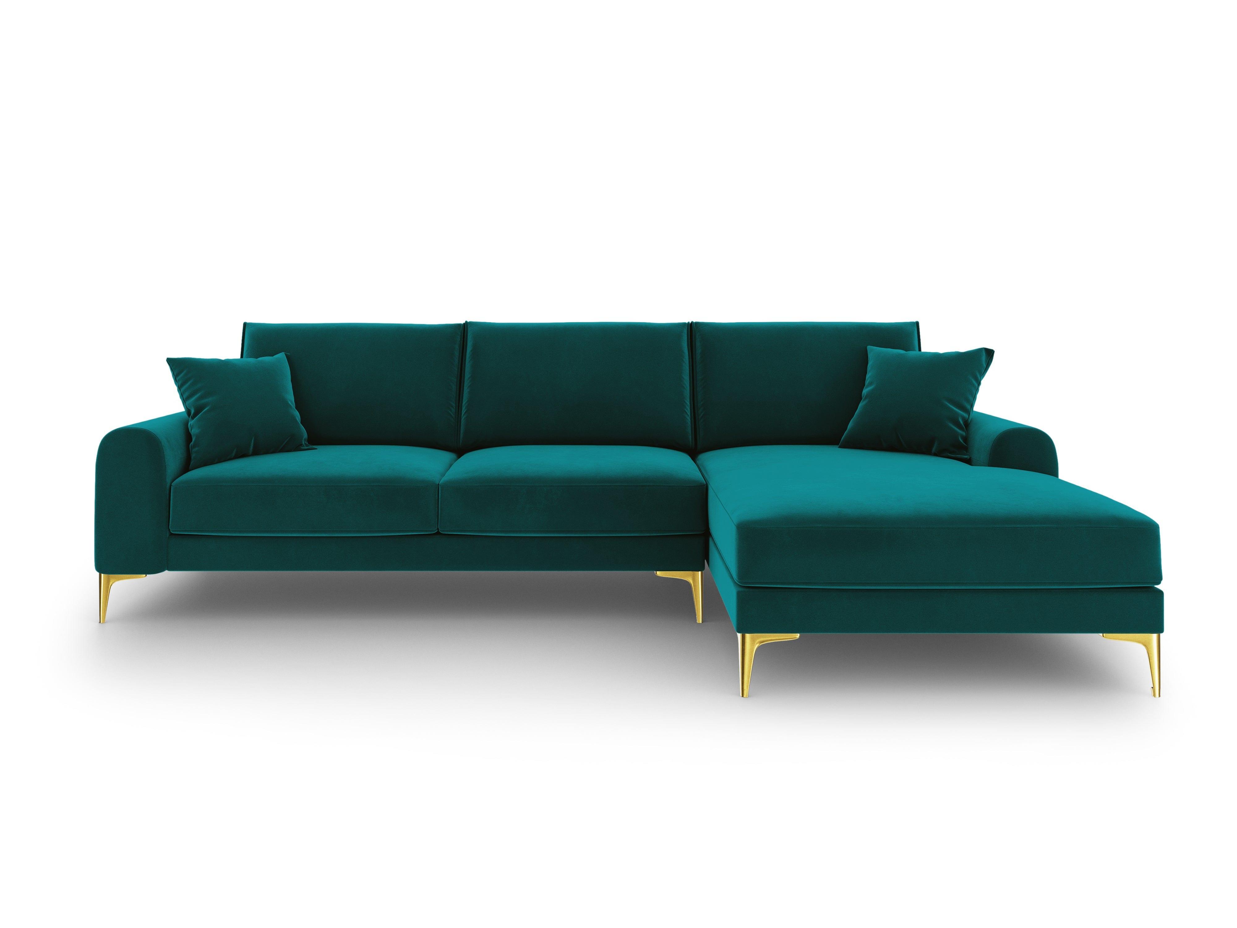 Narożnik aksamitny prawostronny MADARA turkusowy ze złotą podstawą Mazzini Sofas Eye on Design
