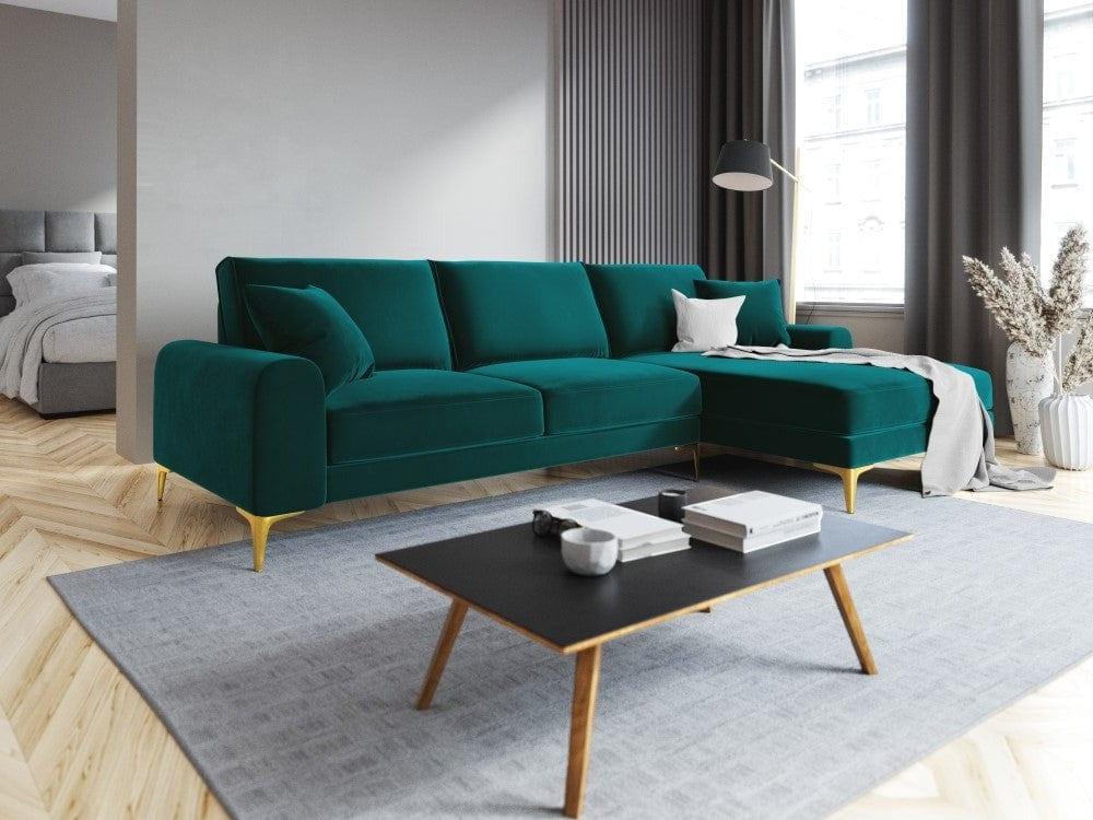 Narożnik aksamitny prawostronny MADARA turkusowy ze złotą podstawą Mazzini Sofas Eye on Design