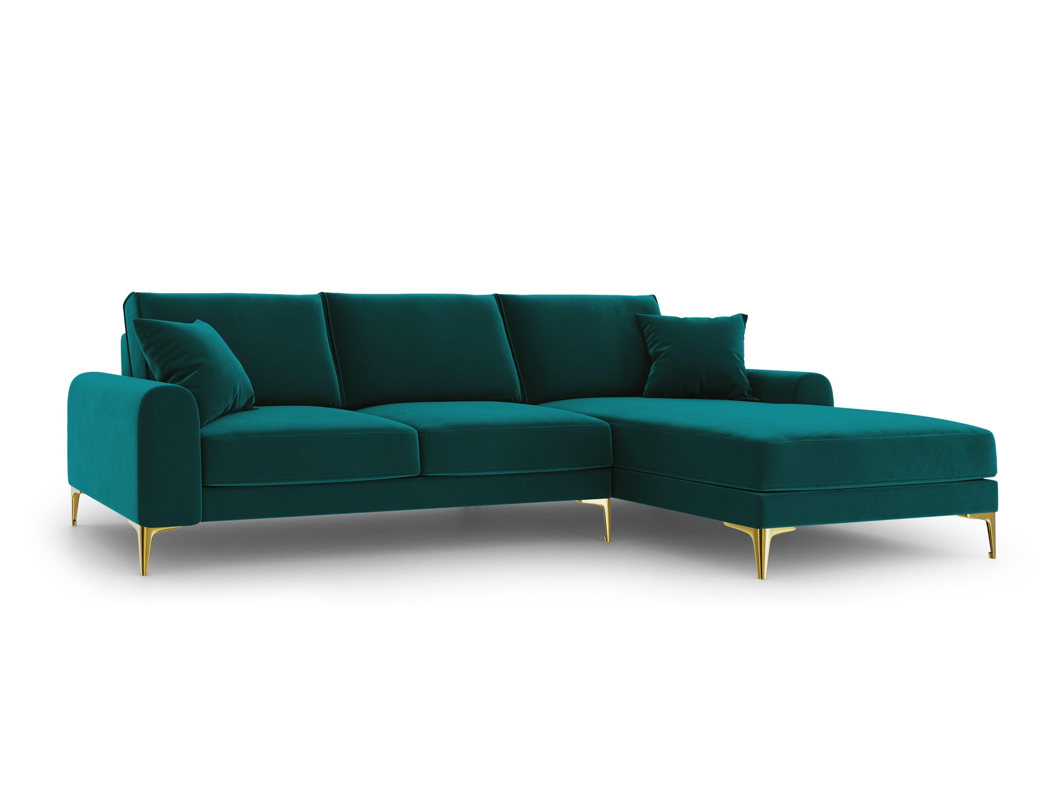 Narożnik aksamitny prawostronny MADARA turkusowy ze złotą podstawą Mazzini Sofas Eye on Design