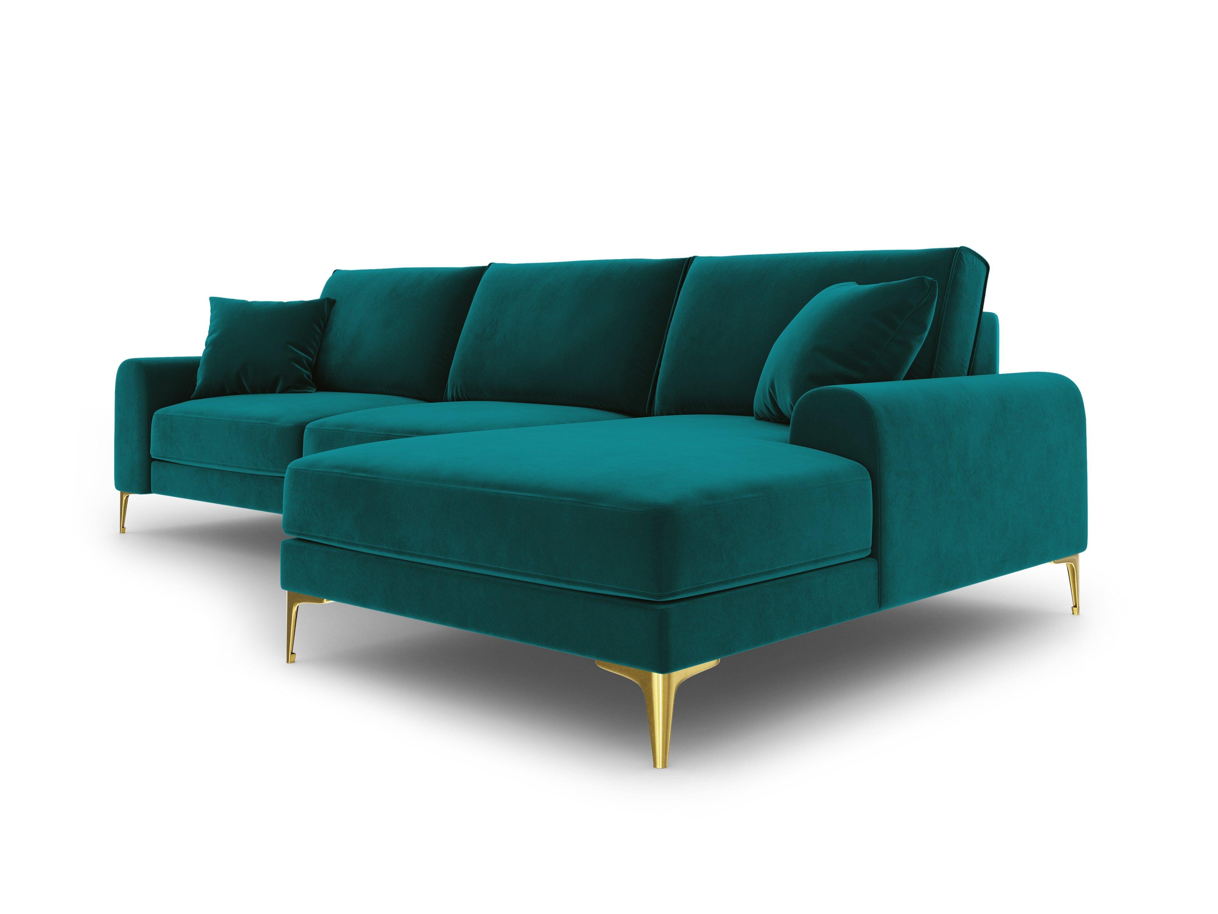 Narożnik aksamitny prawostronny MADARA turkusowy ze złotą podstawą Mazzini Sofas Eye on Design