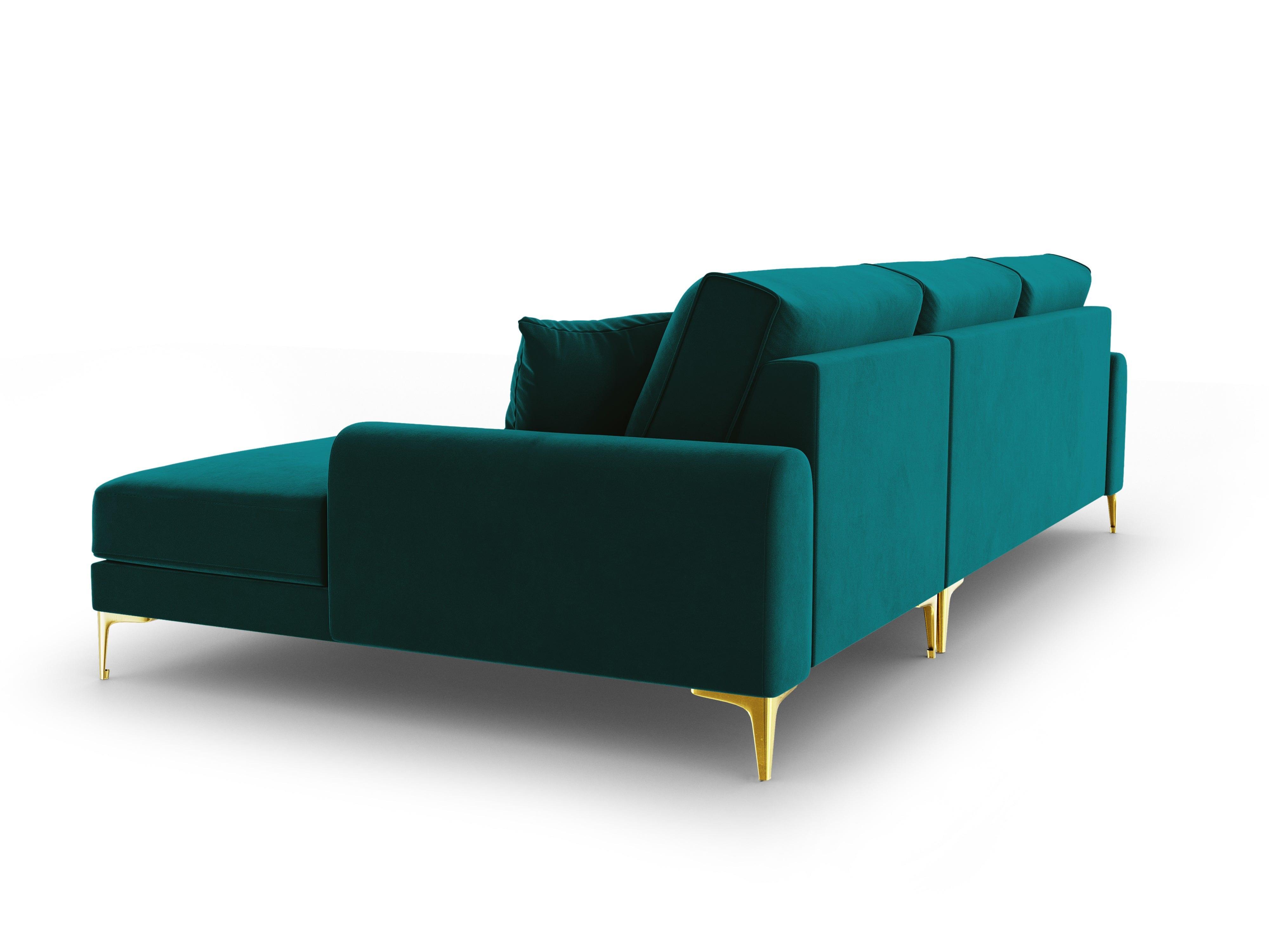 Narożnik aksamitny prawostronny MADARA turkusowy ze złotą podstawą Mazzini Sofas Eye on Design