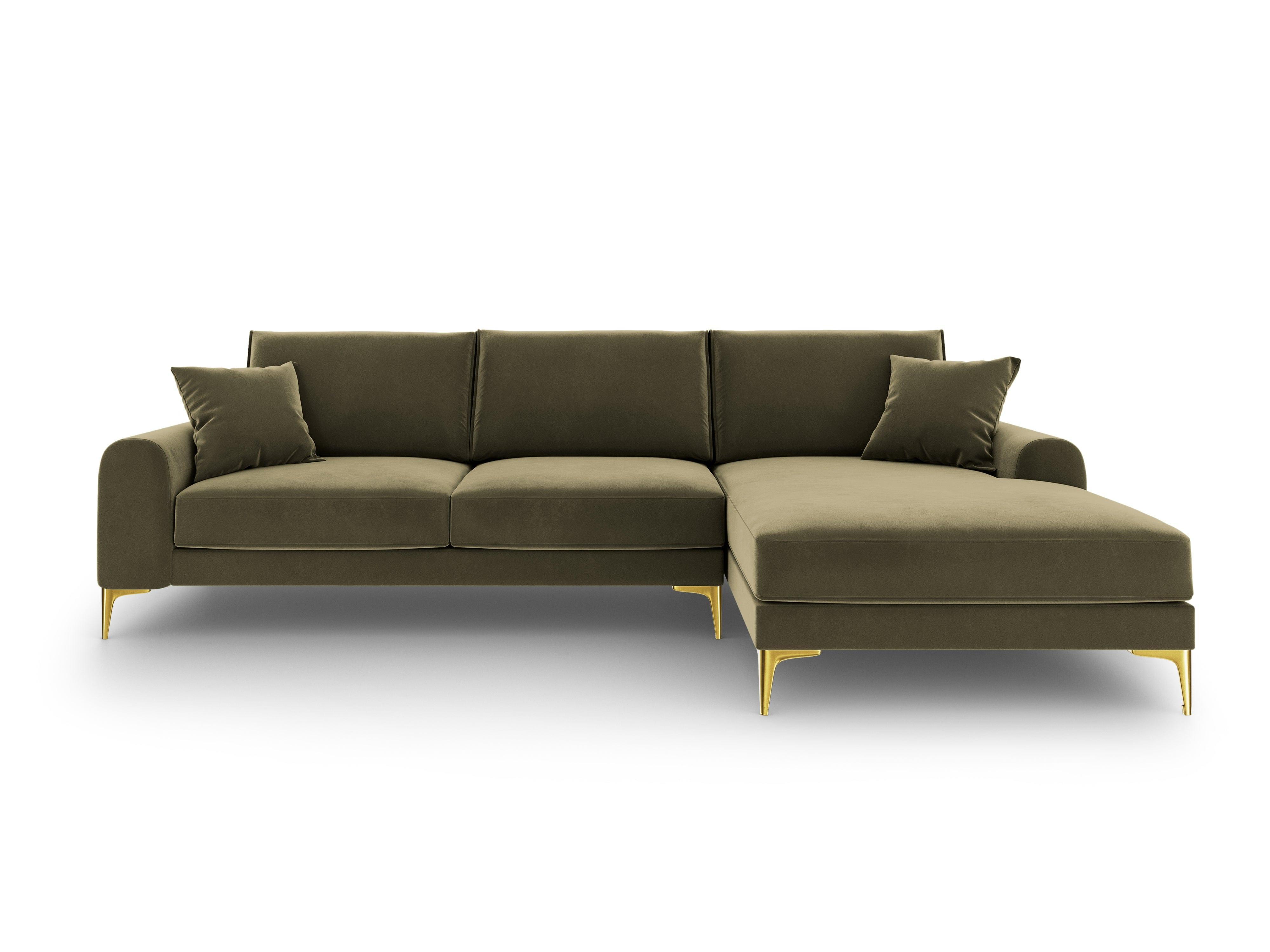 Narożnik aksamitny prawostronny MADARA zielony ze złotą podstawą Mazzini Sofas Eye on Design