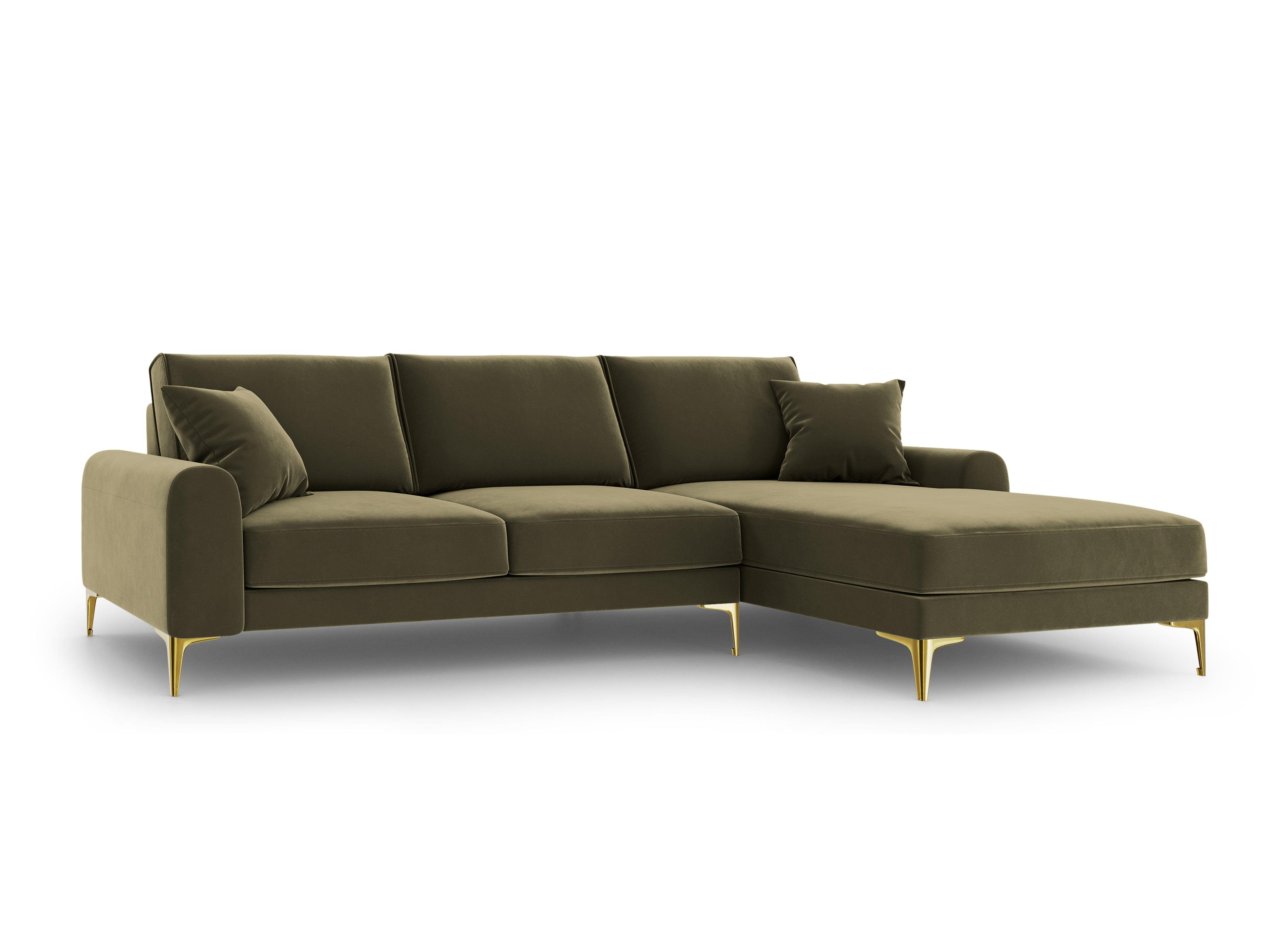 Narożnik aksamitny prawostronny MADARA zielony ze złotą podstawą Mazzini Sofas Eye on Design