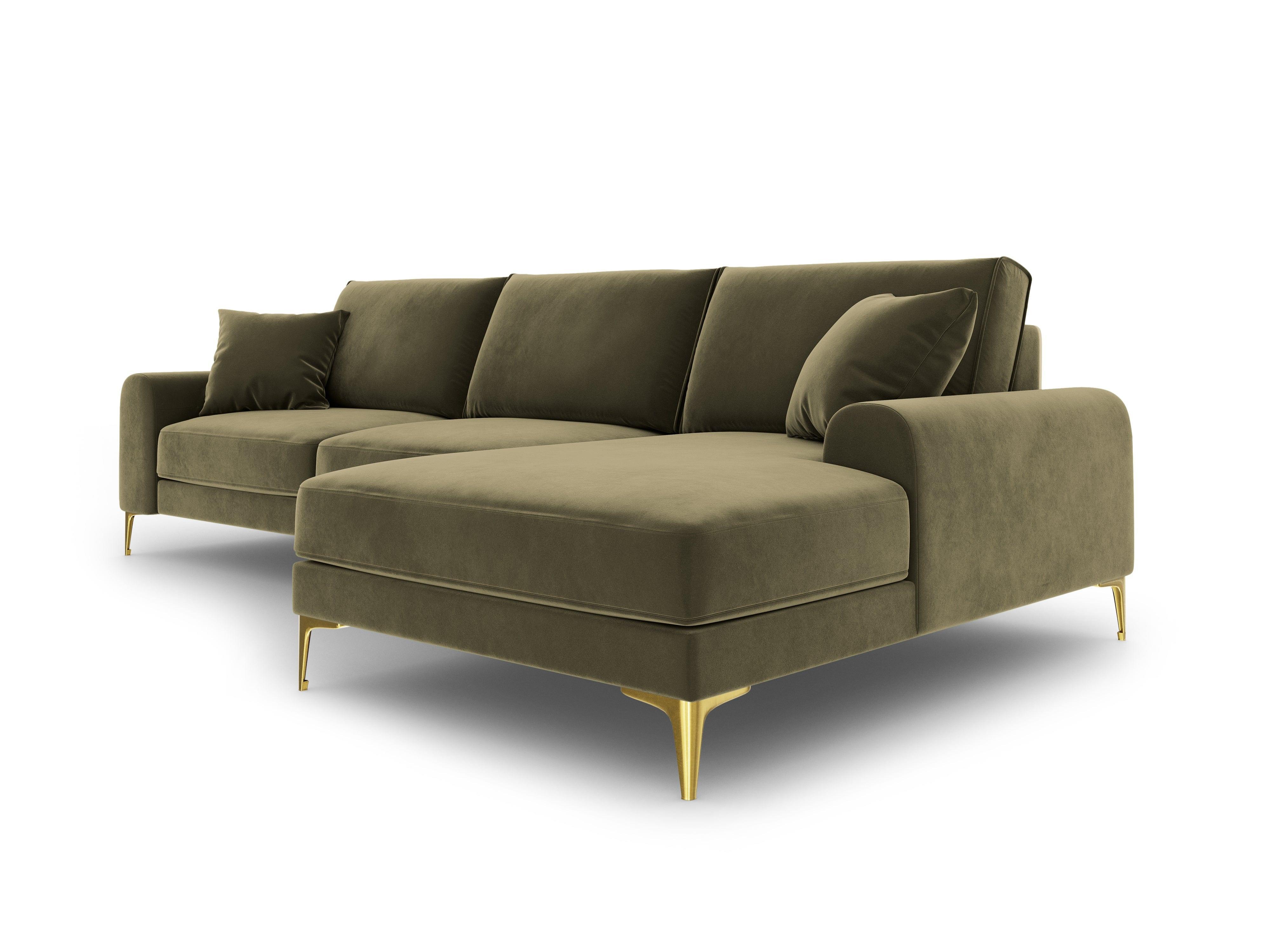 Narożnik aksamitny prawostronny MADARA zielony ze złotą podstawą Mazzini Sofas Eye on Design