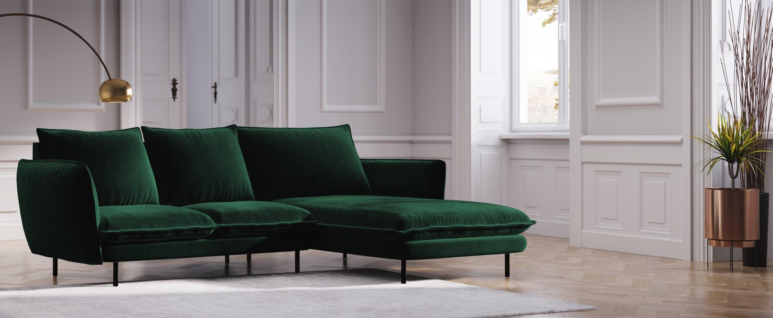 Narożnik aksamitny prawostronny VIENNA zielony z czarną podstawą Cosmopolitan Design Eye on Design