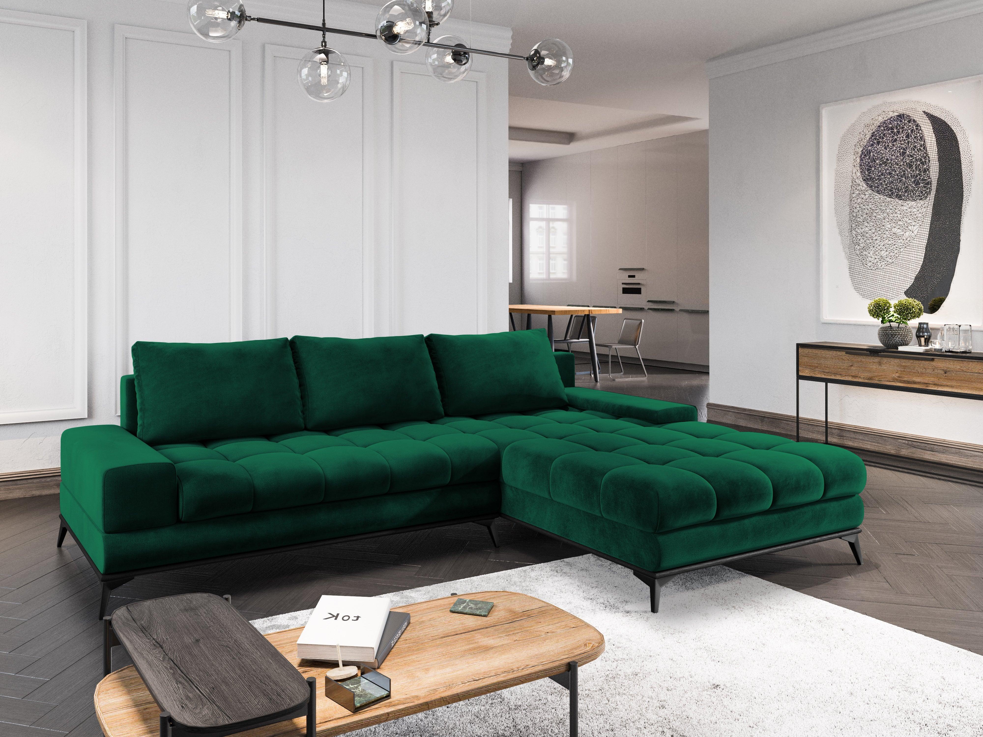 Narożnik aksamitny prawostronny z funkcją spania DENEB butelkowa zieleń Windsor & Co Eye on Design