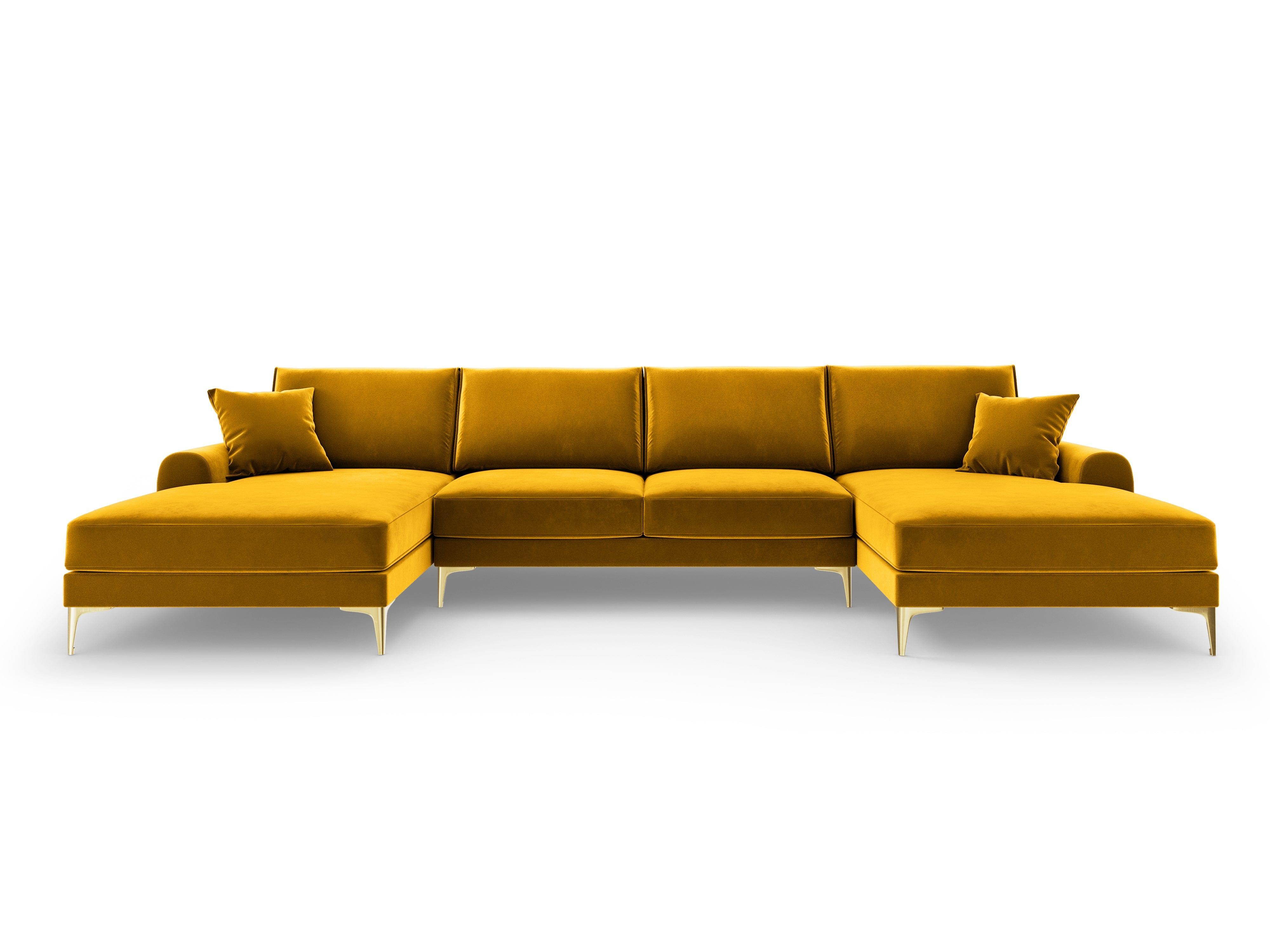 Narożnik aksamitny w kształcie U MADARA musztardowy ze złotą podstawą Mazzini Sofas Eye on Design