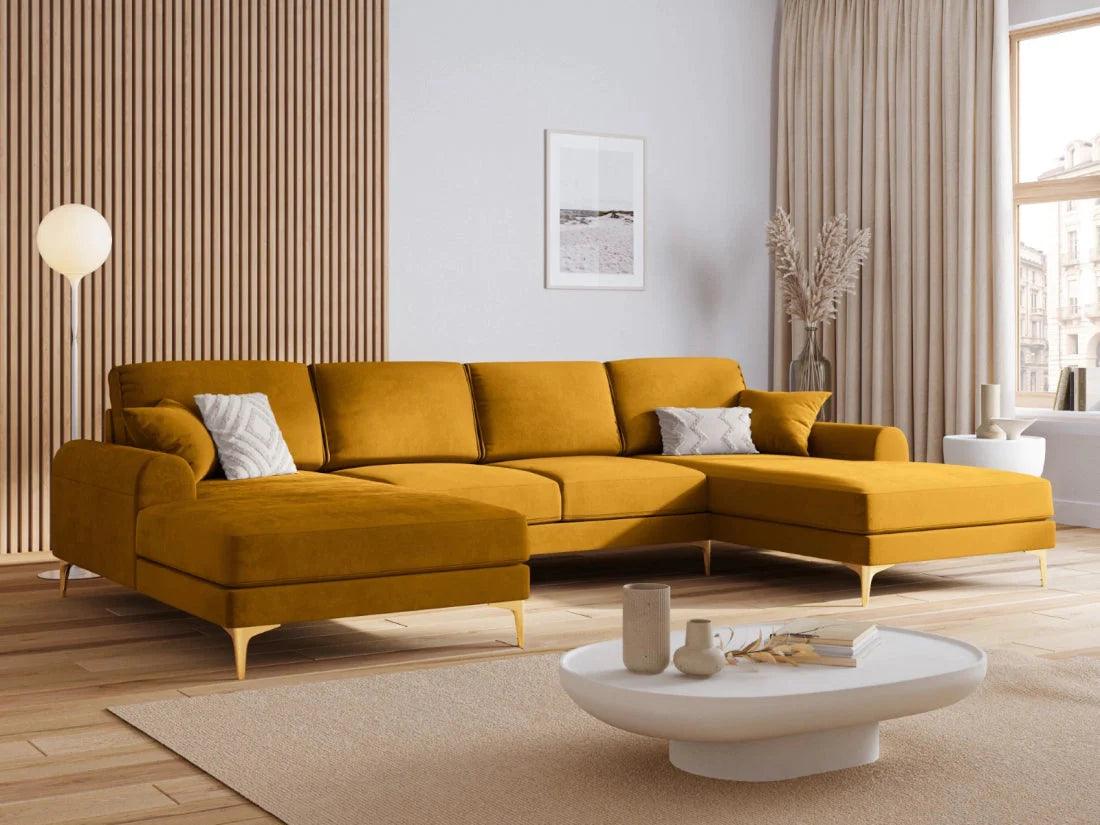 Narożnik aksamitny w kształcie U MADARA musztardowy ze złotą podstawą Mazzini Sofas Eye on Design