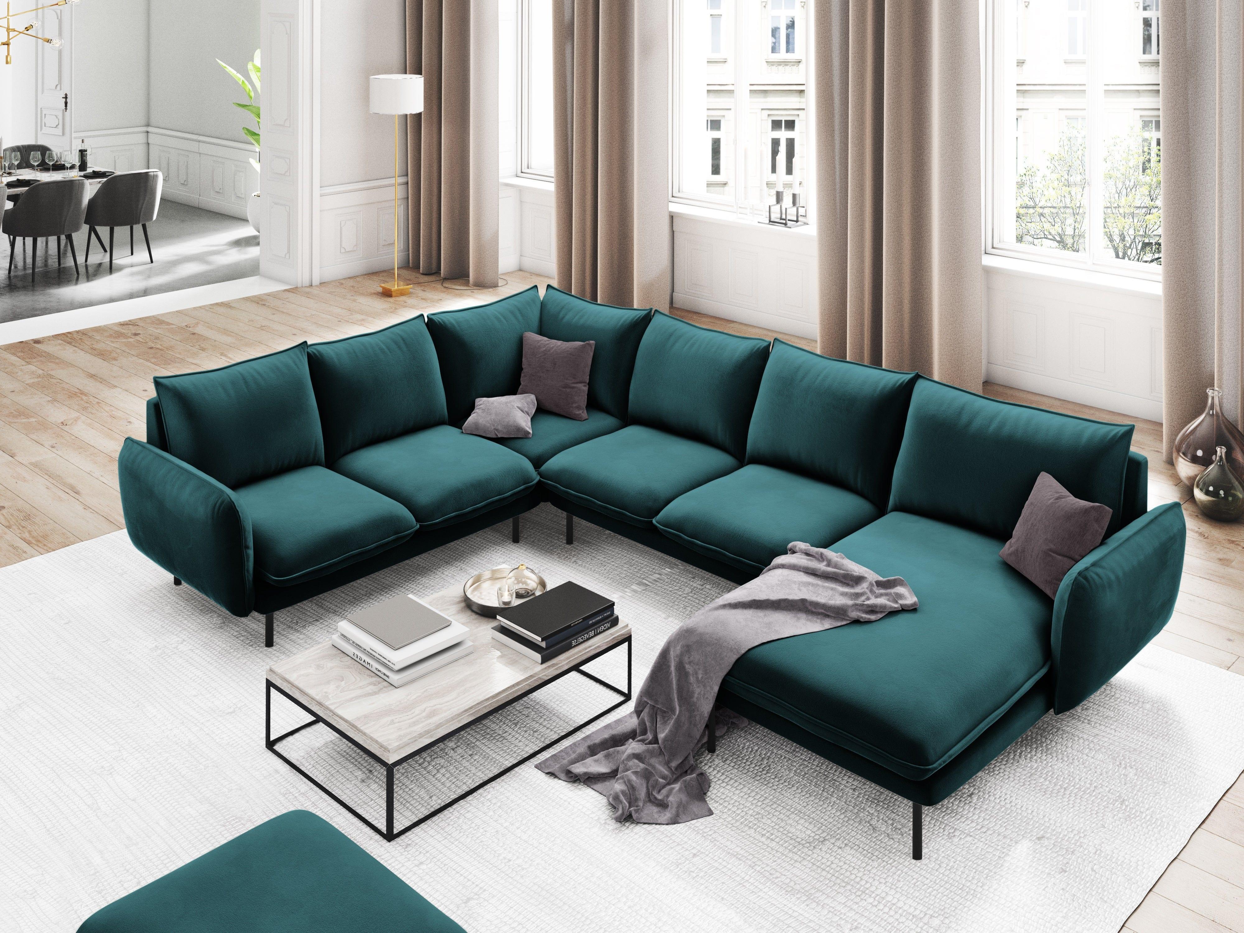 Narożnik lewostronny aksamitny panoramiczny VIENNA morski z czarną podstawą Cosmopolitan Design Eye on Design