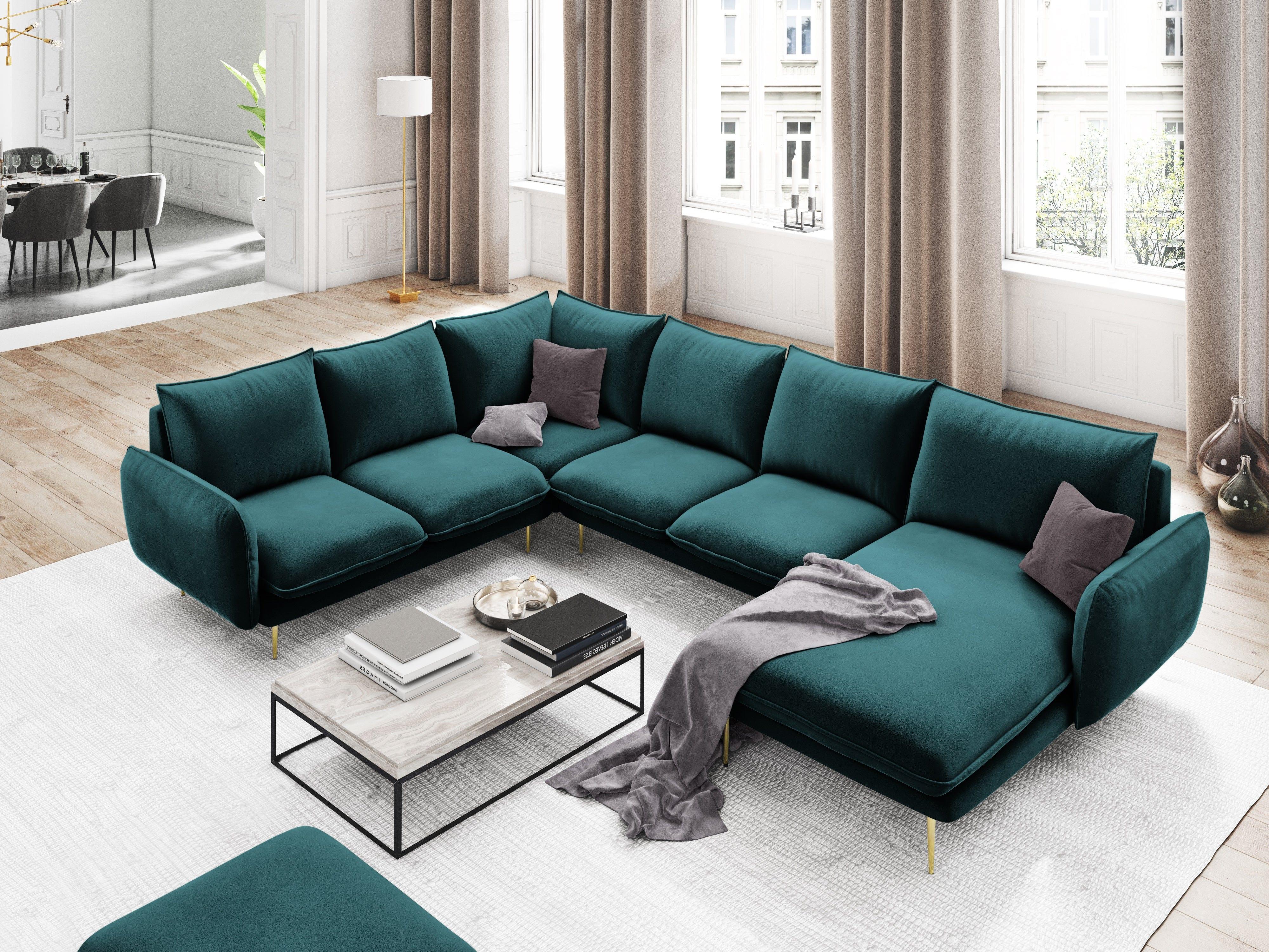 Narożnik lewostronny aksamitny panoramiczny VIENNA morski ze złotą podstawą Cosmopolitan Design Eye on Design