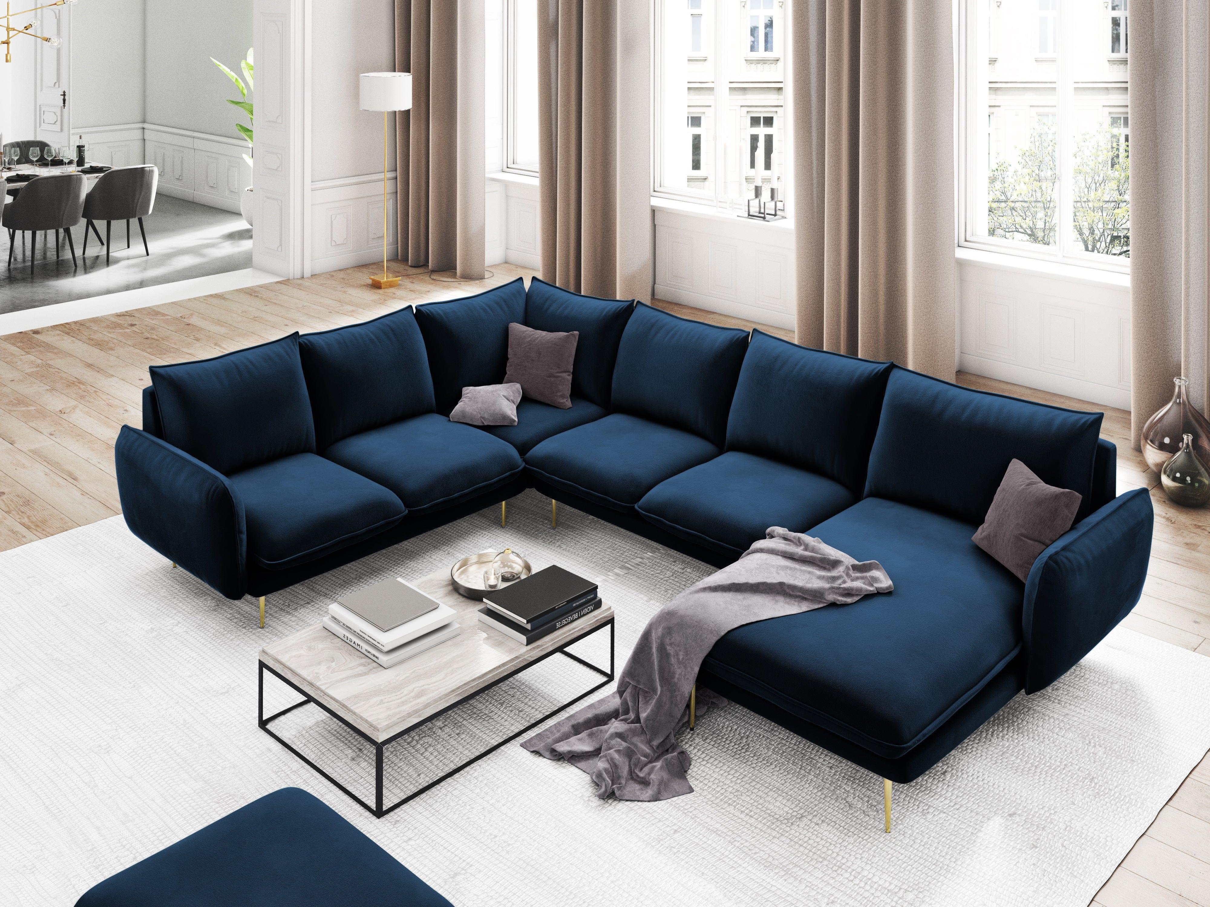 Narożnik lewostronny aksamitny panoramiczny VIENNA niebieski ze złotą podstawą Cosmopolitan Design Eye on Design