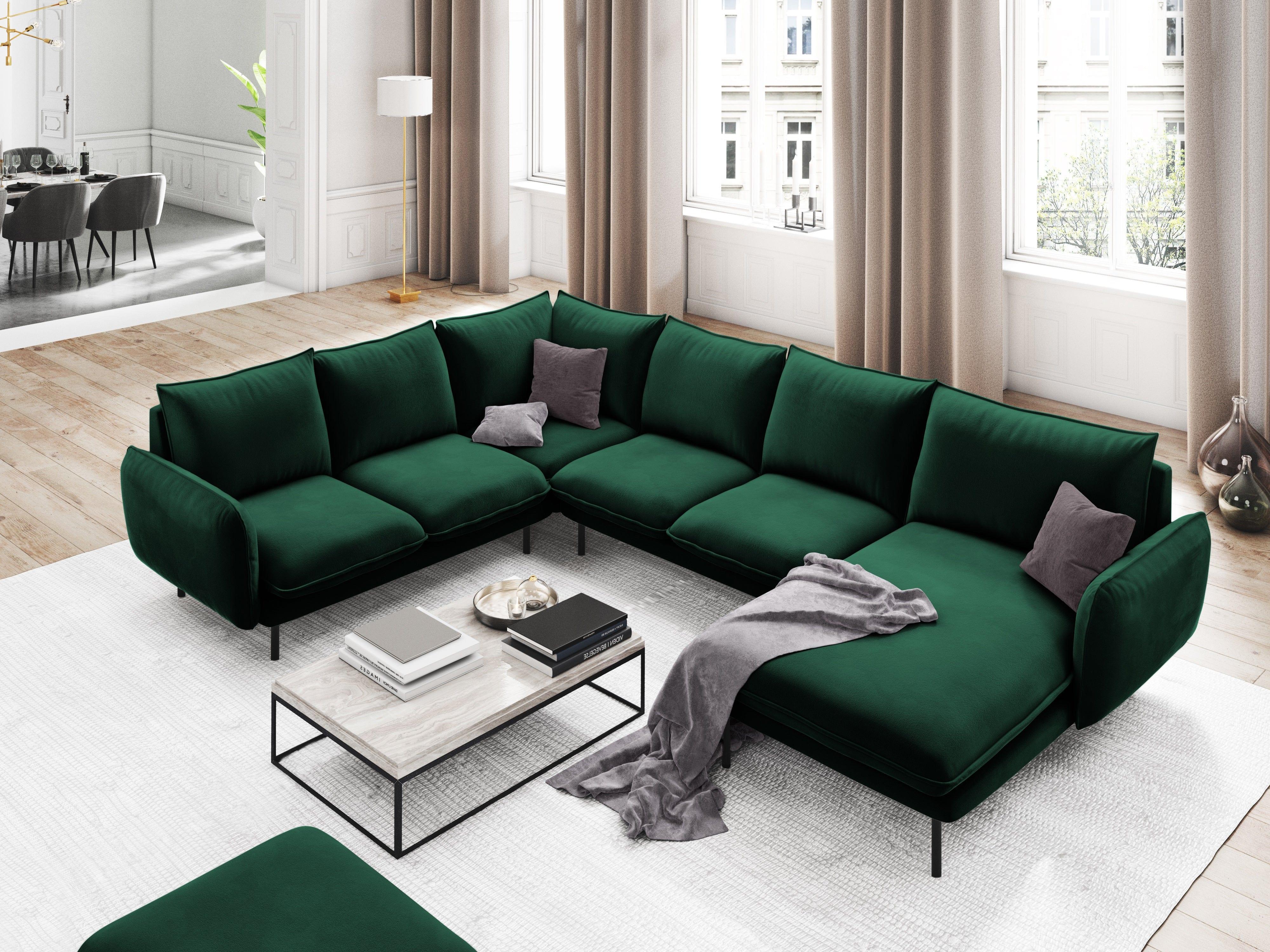 Narożnik lewostronny aksamitny panoramiczny VIENNA zielony z czarną podstawą Cosmopolitan Design Eye on Design