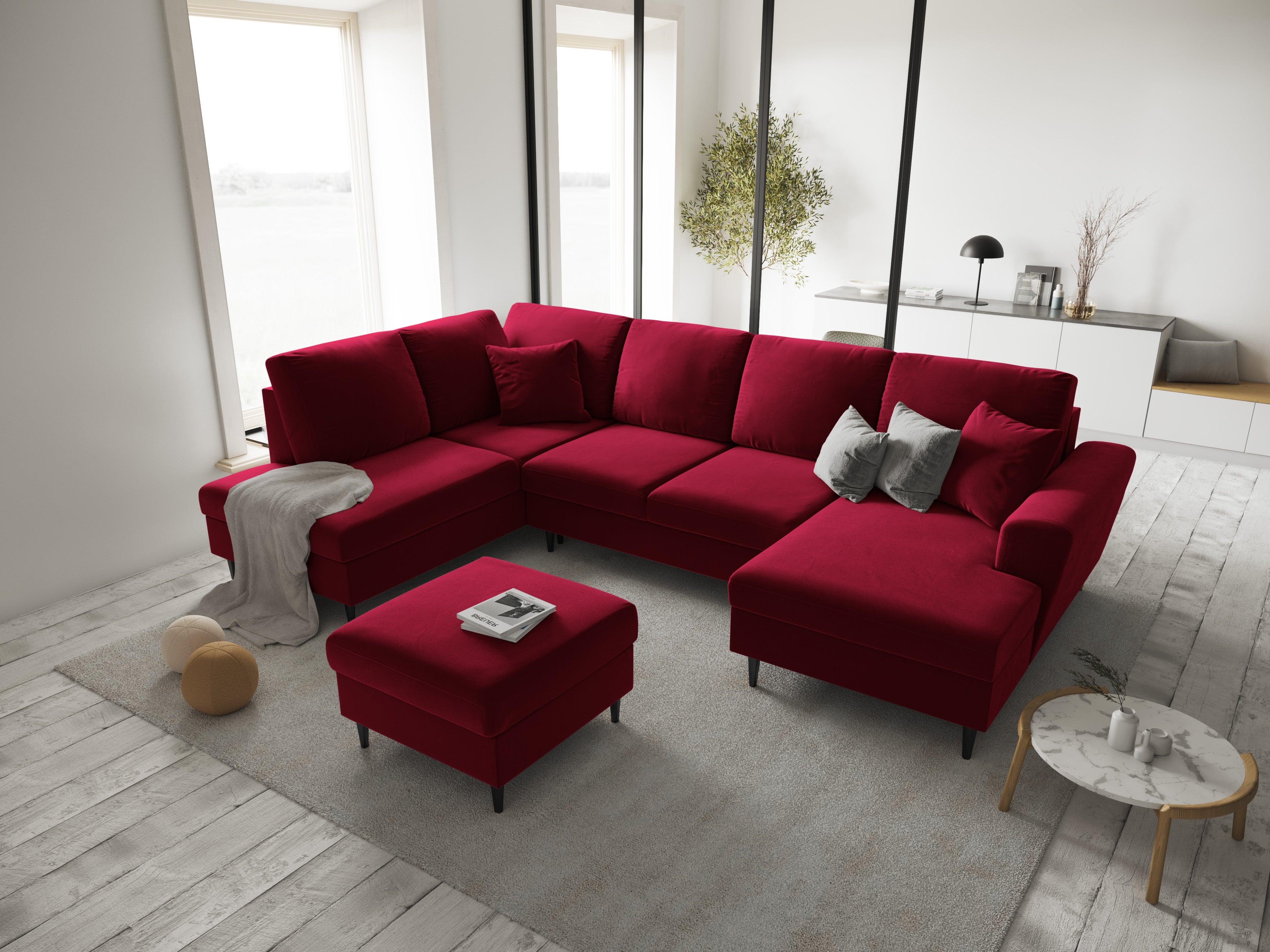 Narożnik lewostronny aksamitny panoramiczny z funkcją spania KYOTO czerwony z czarną podstawą Cosmopolitan Design Eye on Design